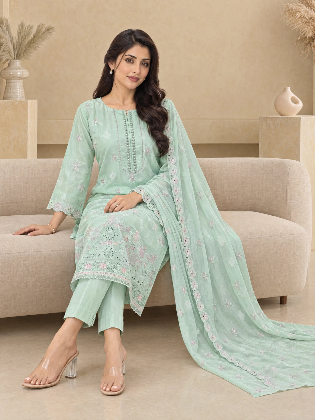 Sham Sabza, Cotton Silk Embroidered 3 Piece