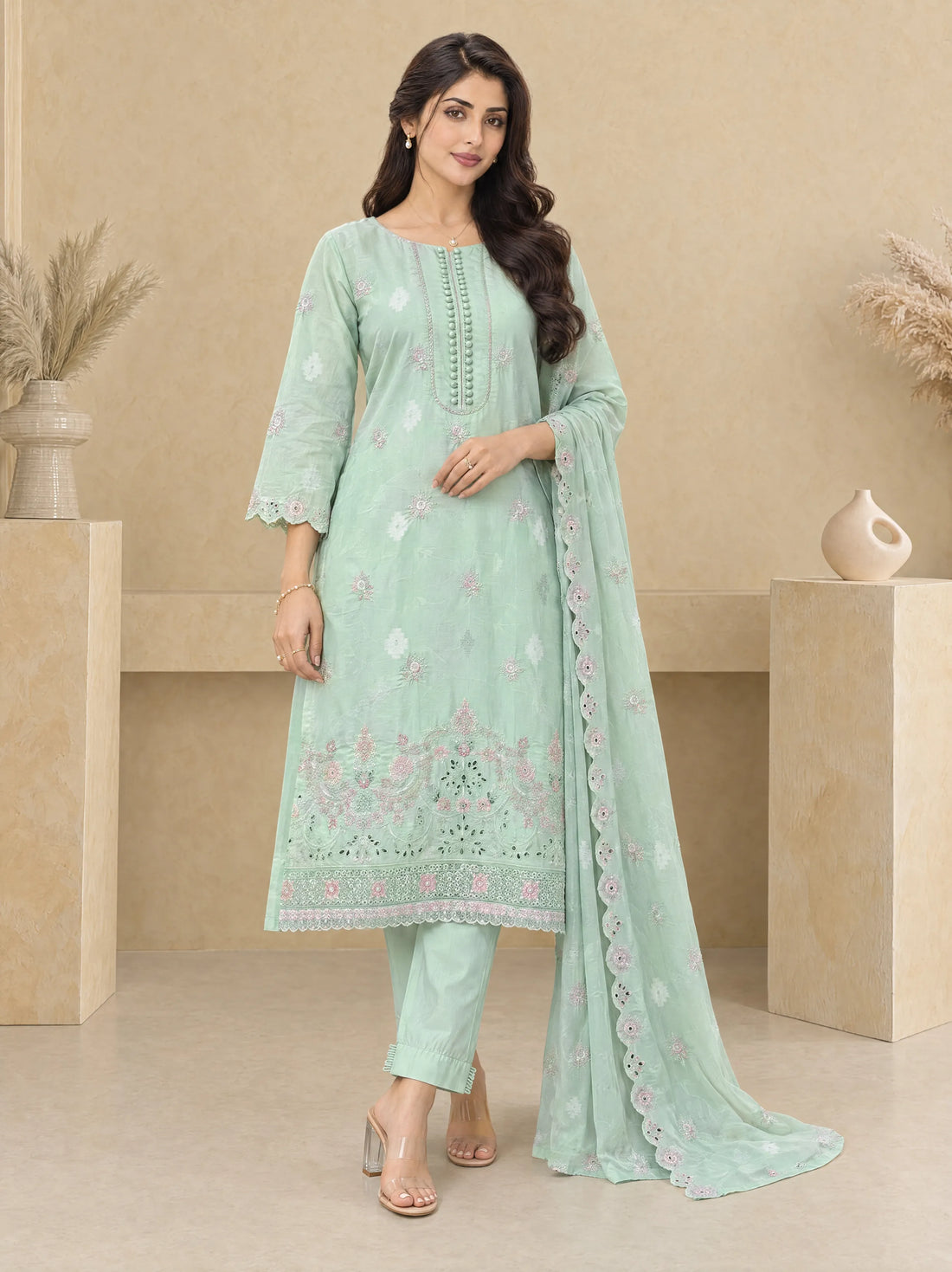 Sham Sabza, Cotton Silk Embroidered 3 Piece
