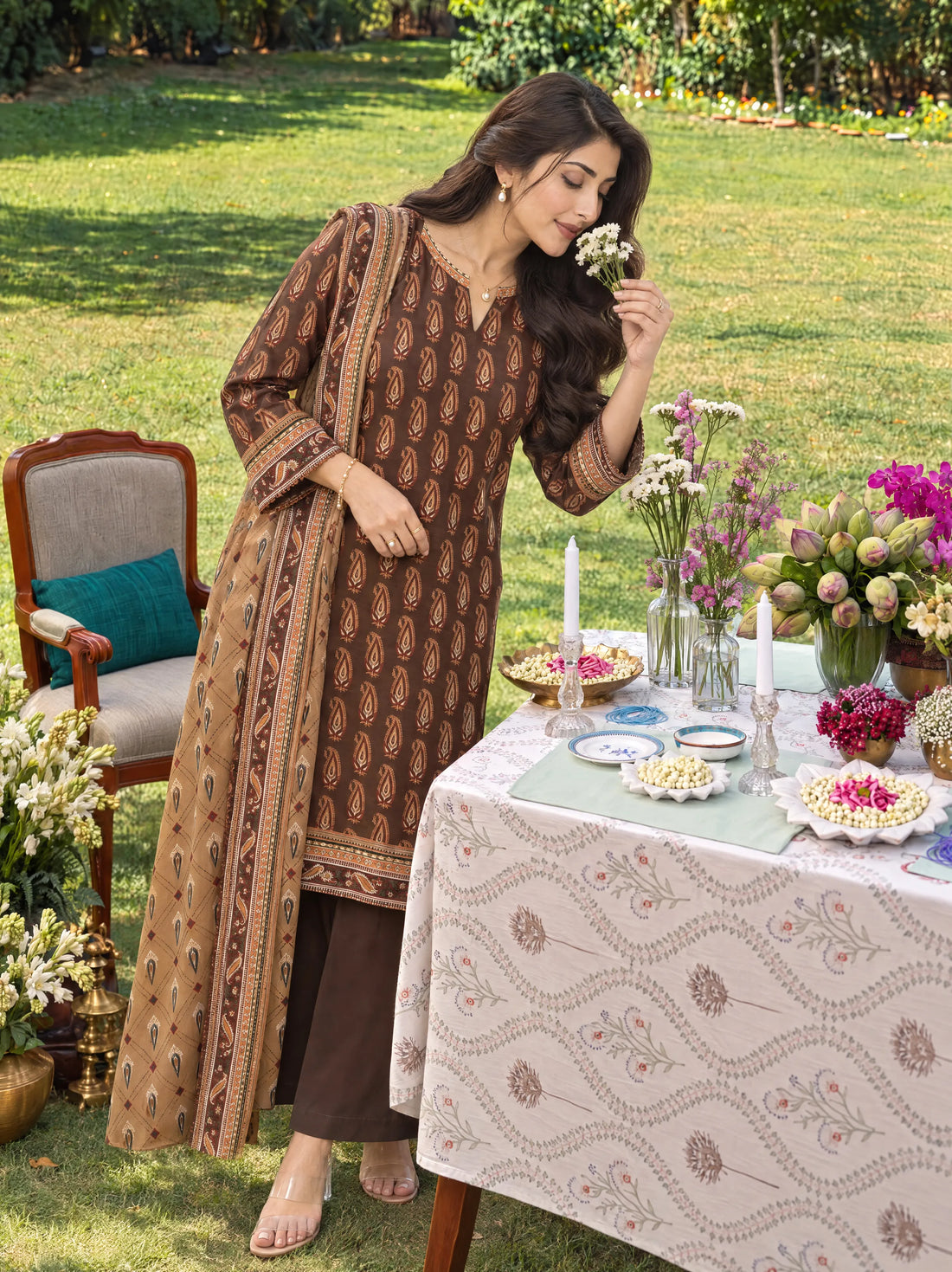 Kahva Brown, Printed Khaddar 3 Piece