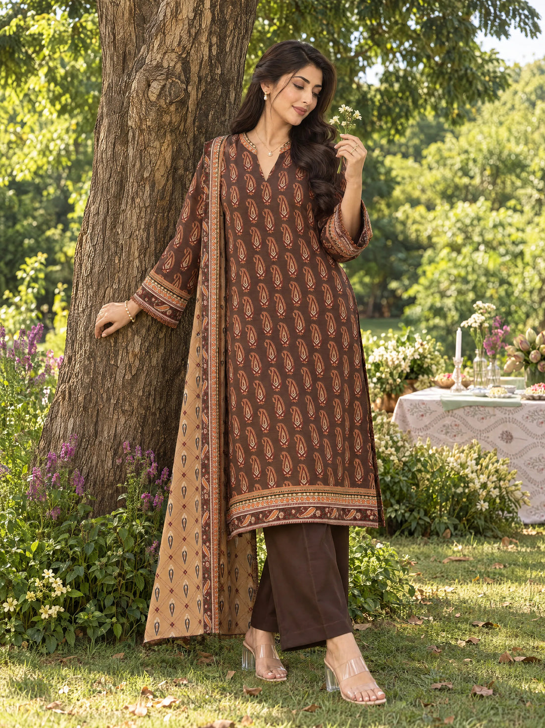 Kahva Brown, Printed Khaddar 3 Piece