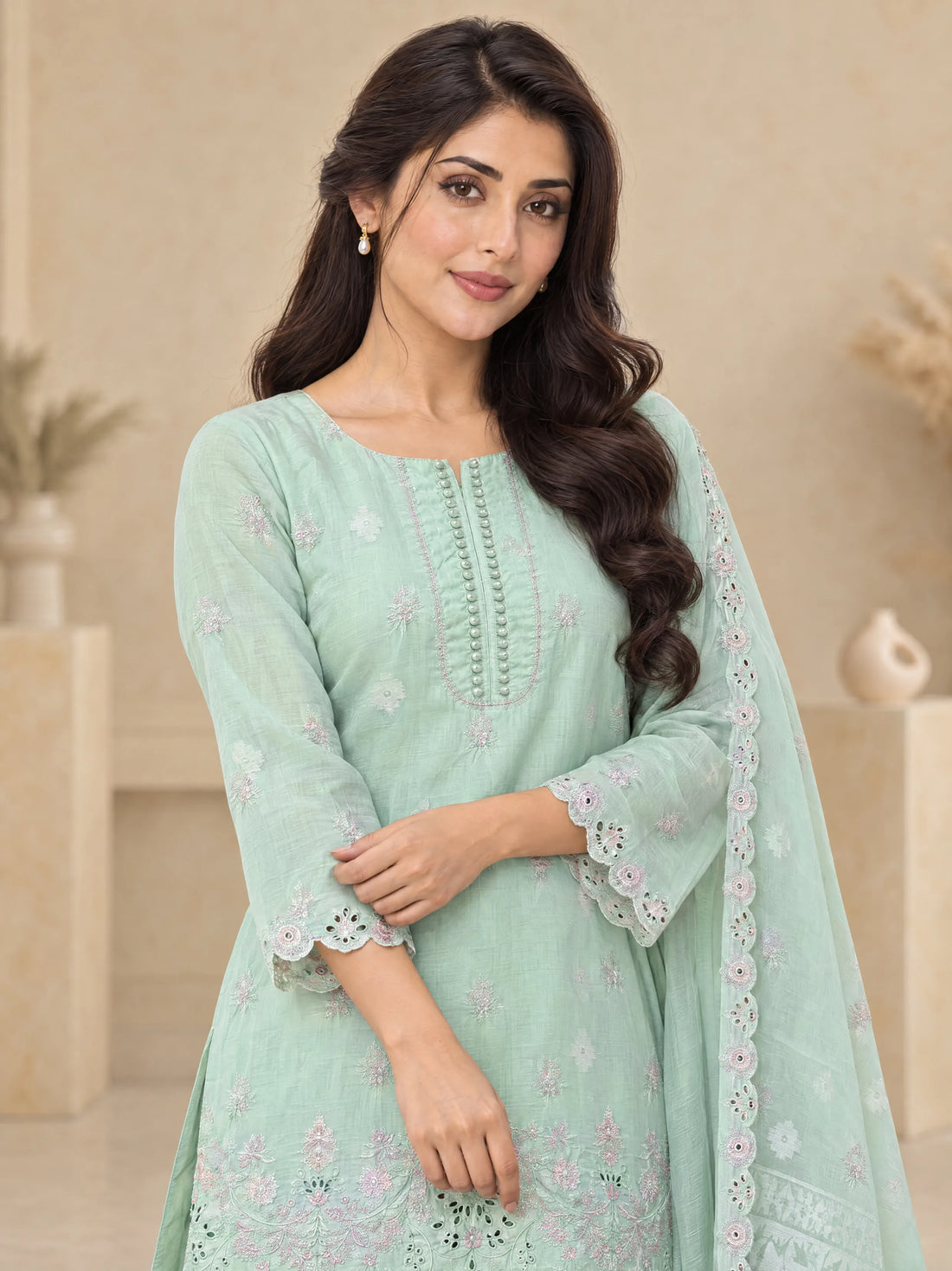 Sham Sabza, Cotton Silk Embroidered 3 Piece
