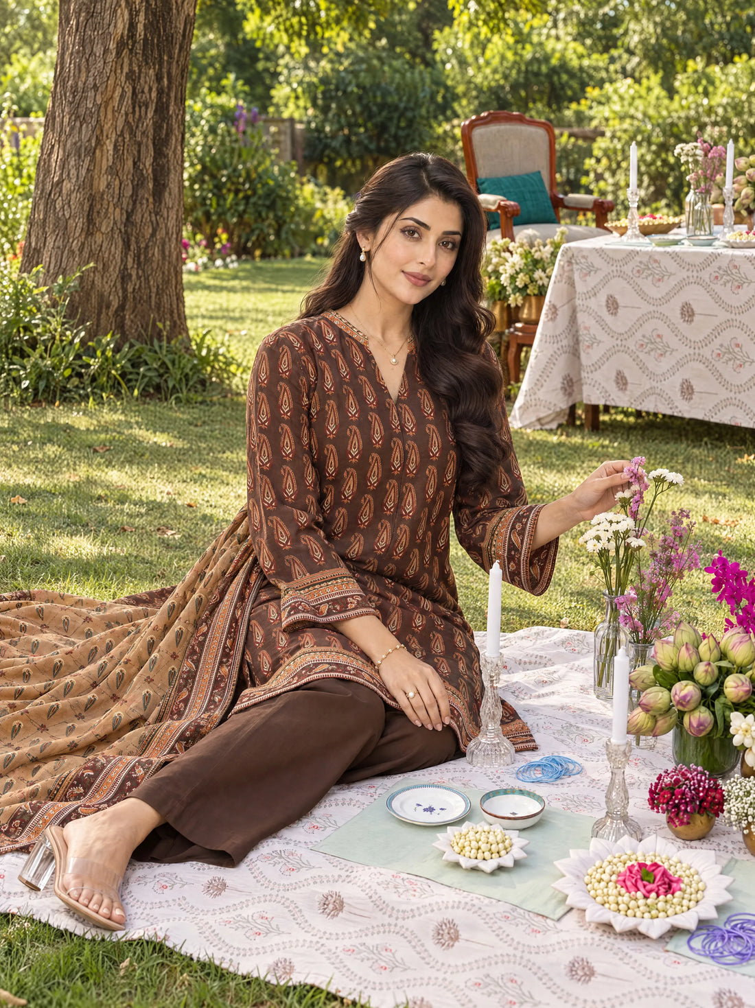 Kahva Brown, Printed Khaddar 3 Piece