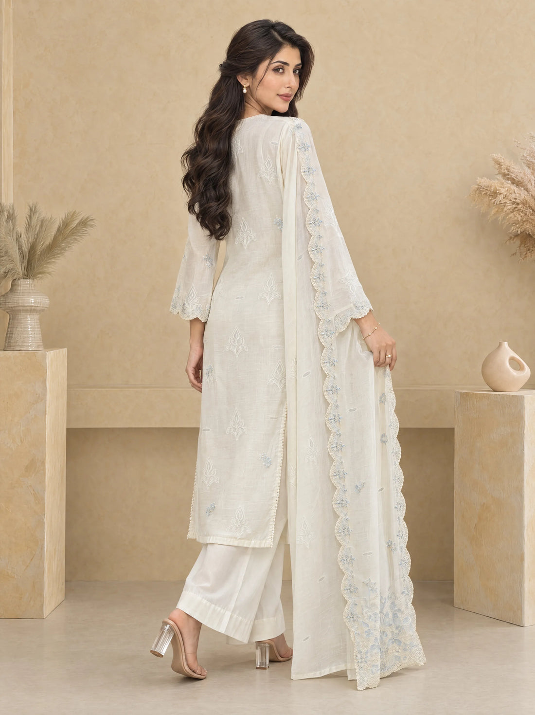 Sham Safeda, Cotton Silk Embroidered 3 Piece