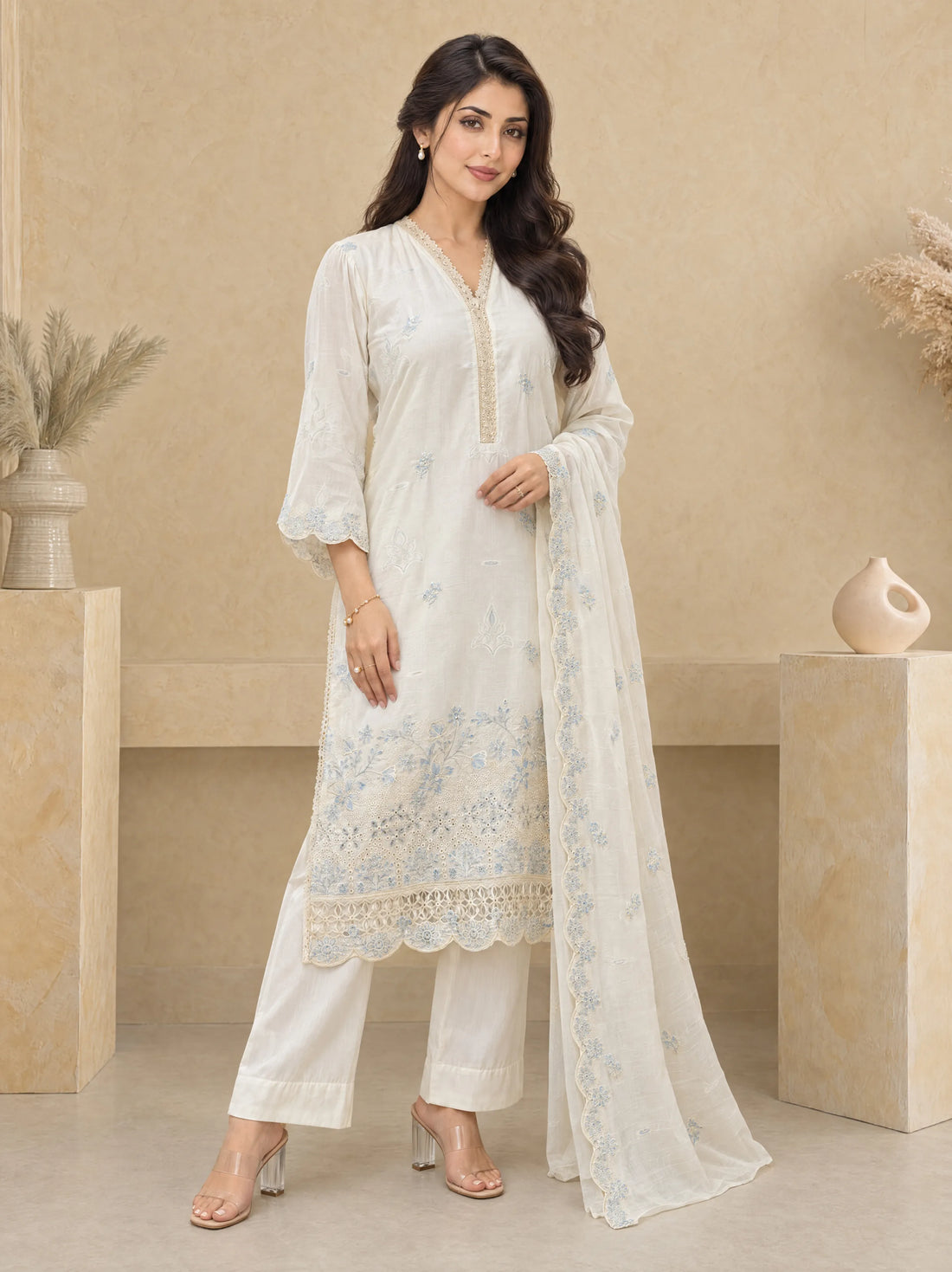 Sham Safeda, Cotton Silk Embroidered 3 Piece