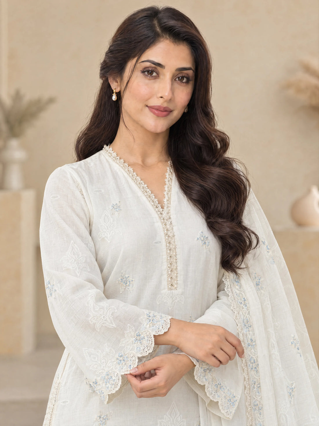 Sham Safeda, Cotton Silk Embroidered 3 Piece
