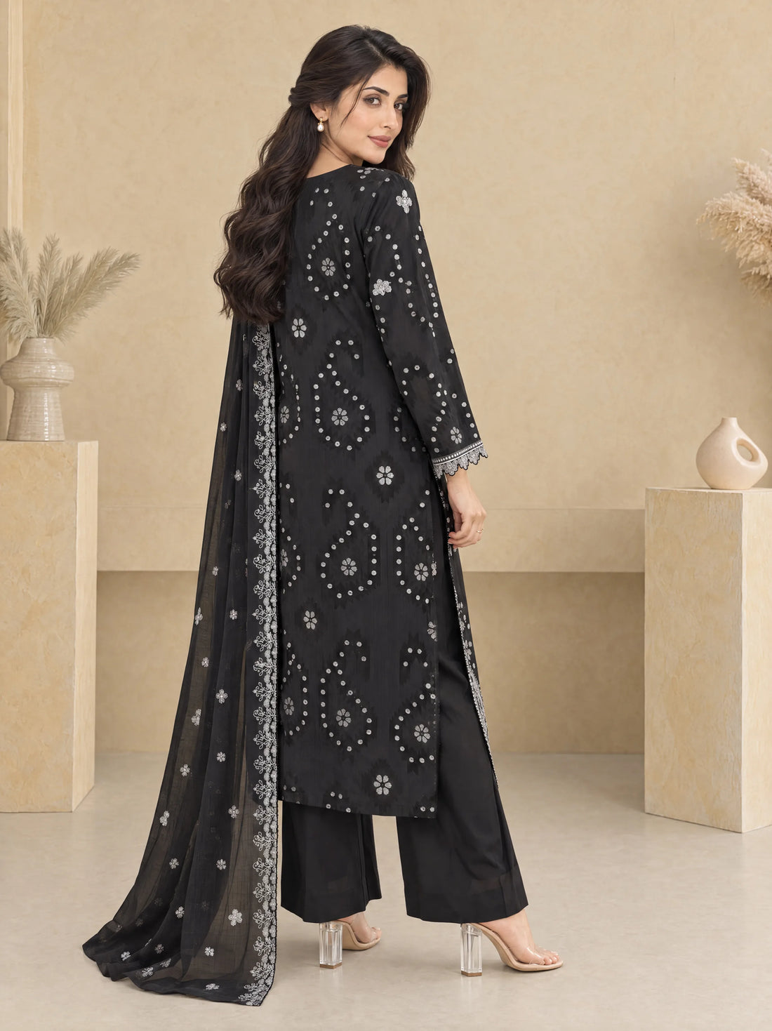 Sham Noir, Cotton Silk Embroidered 3 Piece