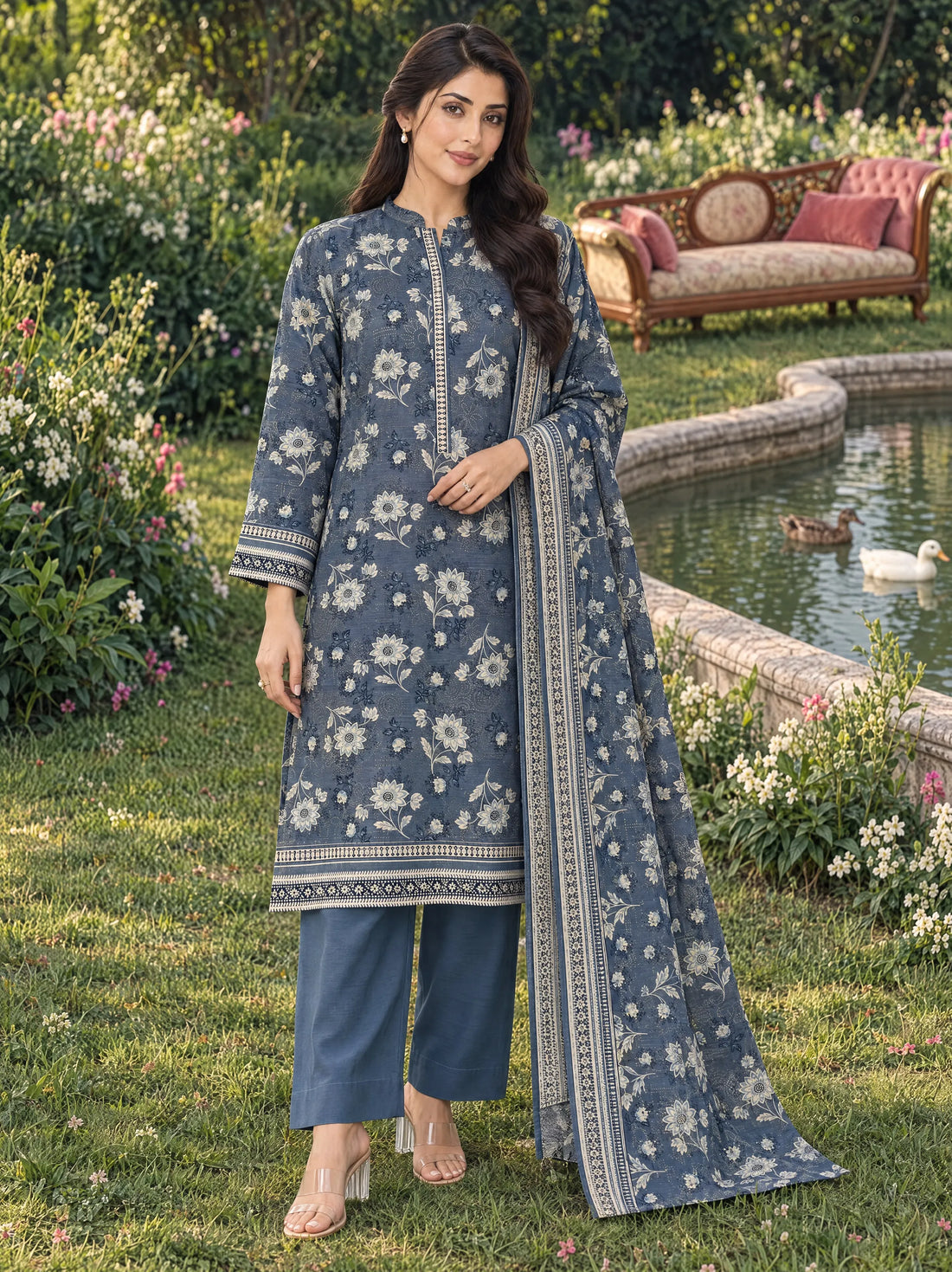 Nazneen Slate, Printed Khaddar 3 Piece