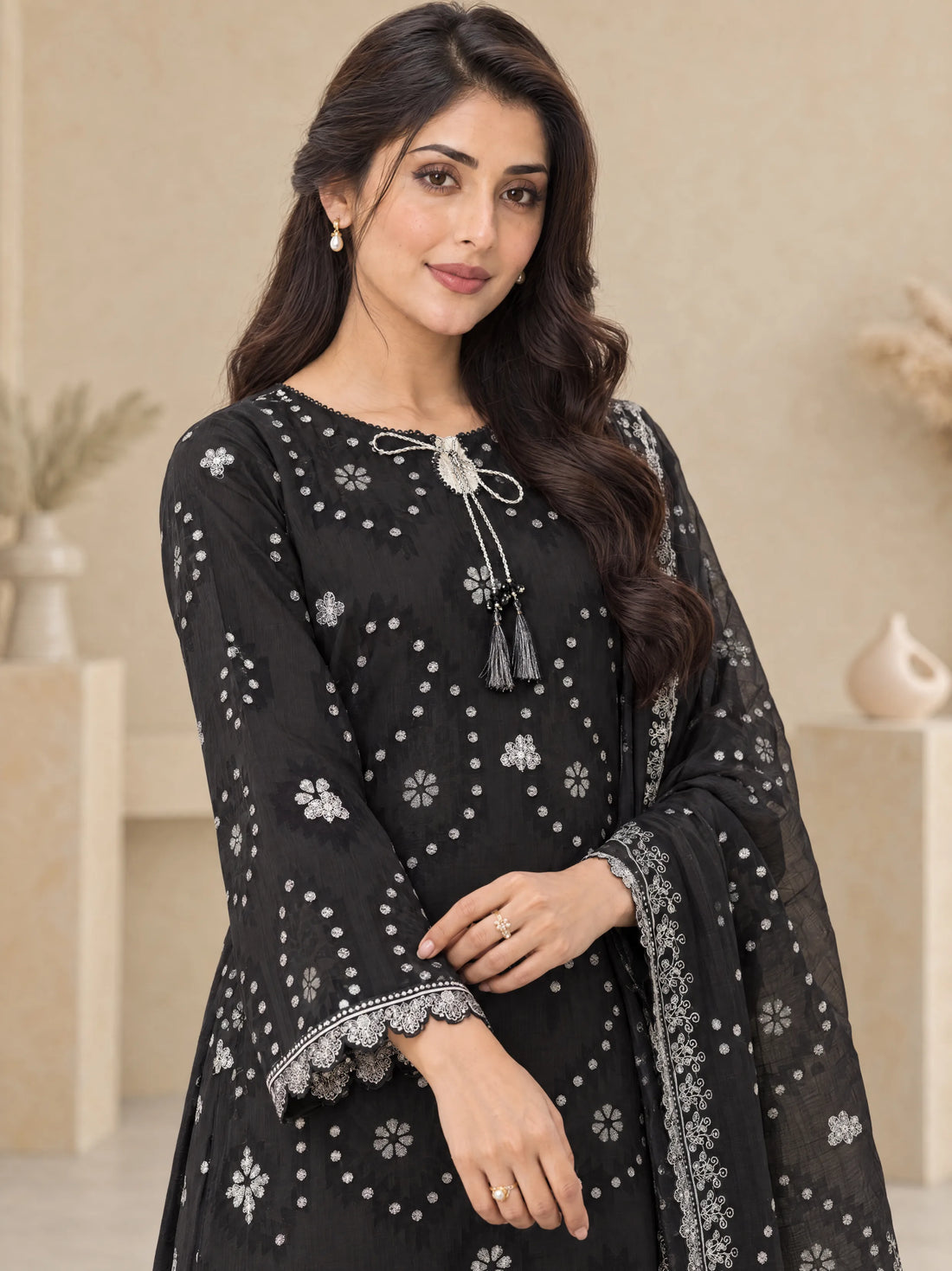 Sham Noir, Cotton Silk Embroidered 3 Piece