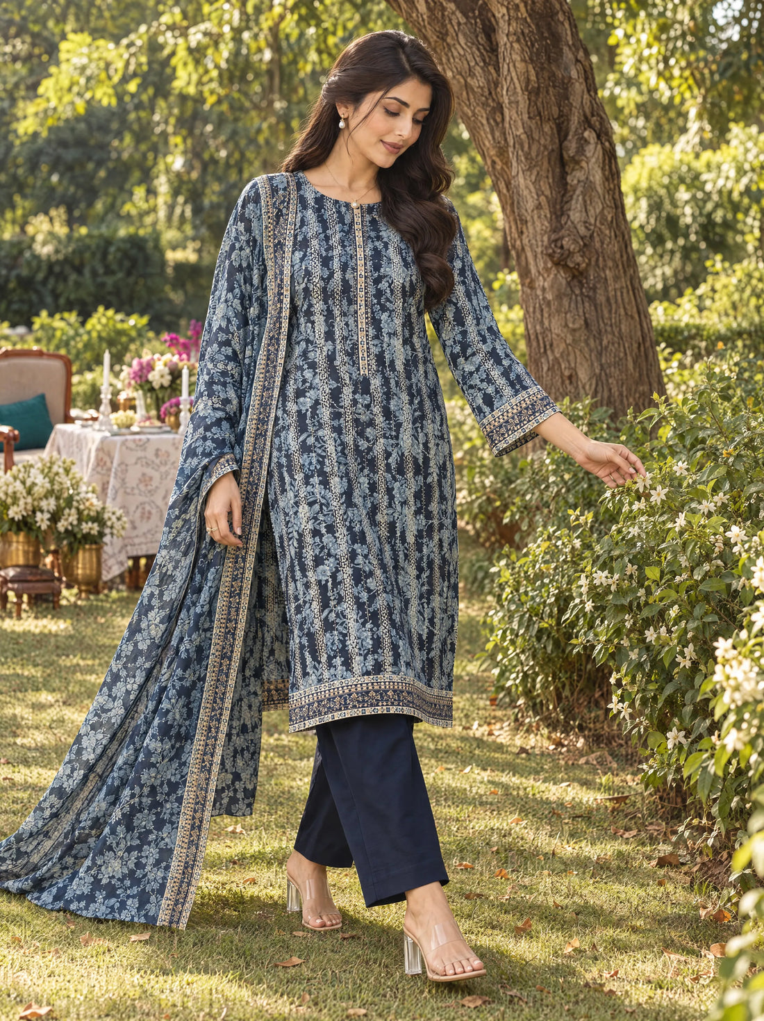 Neelofar Indigo, Printed Khaddar 3 Piece