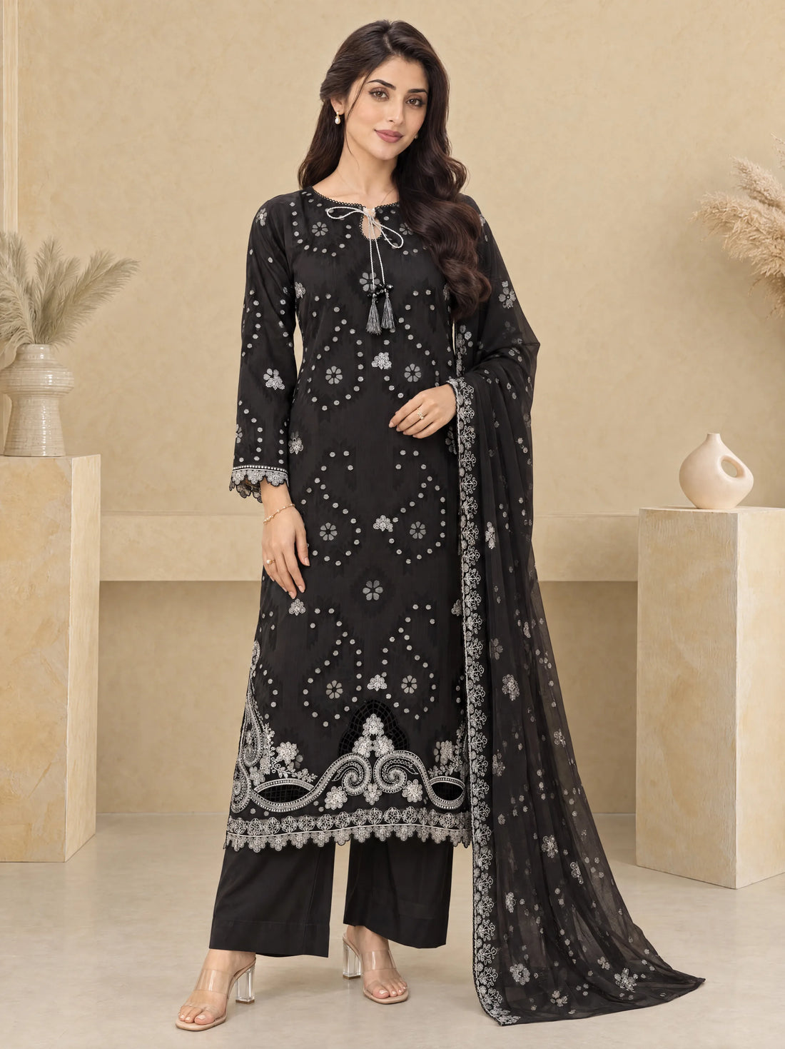 Sham Noir, Cotton Silk Embroidered 3 Piece