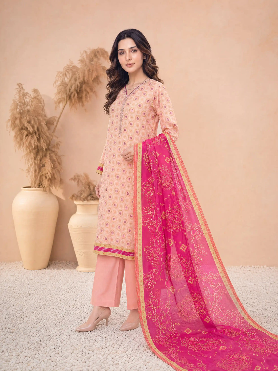 Every Day Peach Bandhani Printed Lawn Collection – 3 Piece