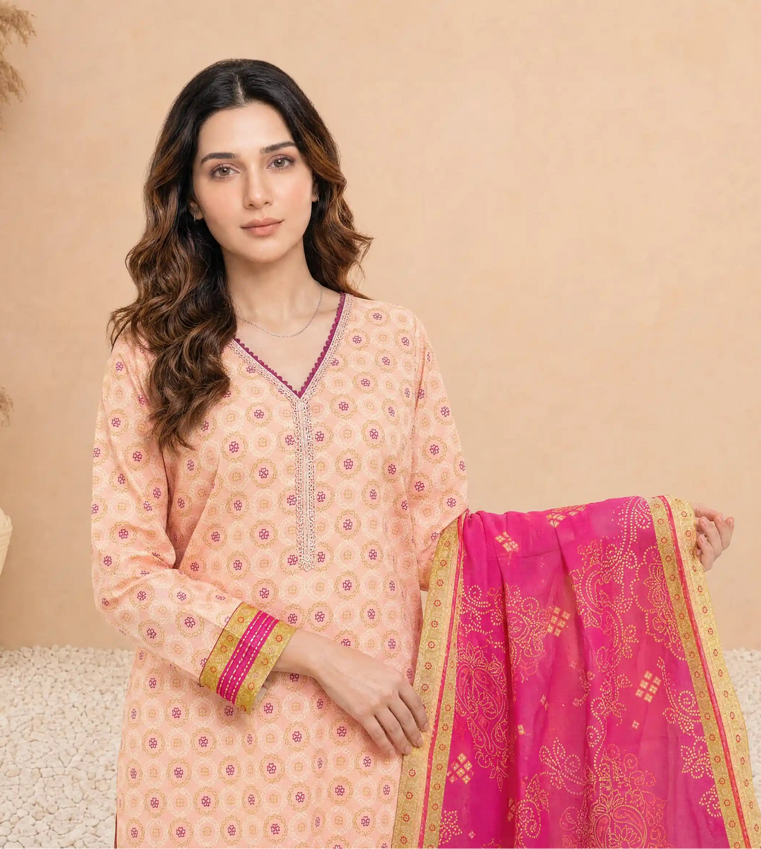 Every Day Peach Bandhani Printed Lawn Collection – 3 Piece