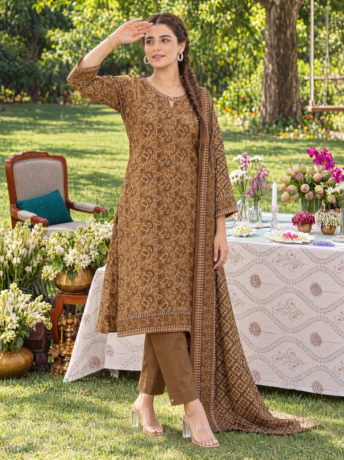 Kehkashan Chestnut, Printed Khaddar 3 Piece