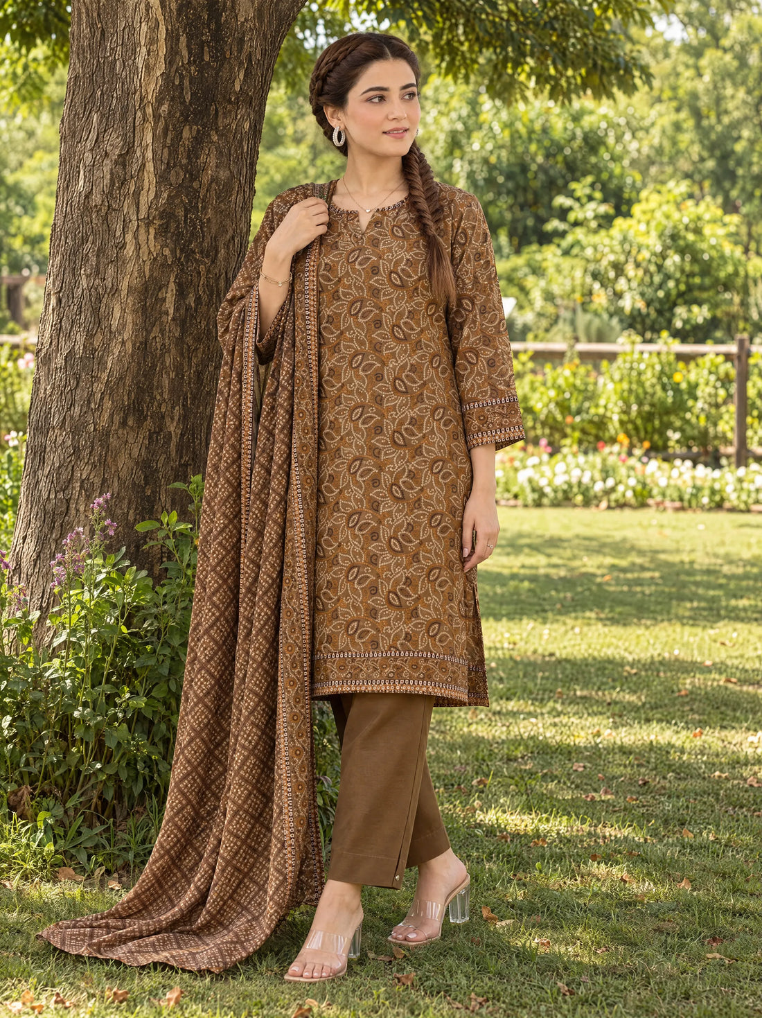 Kehkashan Chestnut, Printed Khaddar 3 Piece