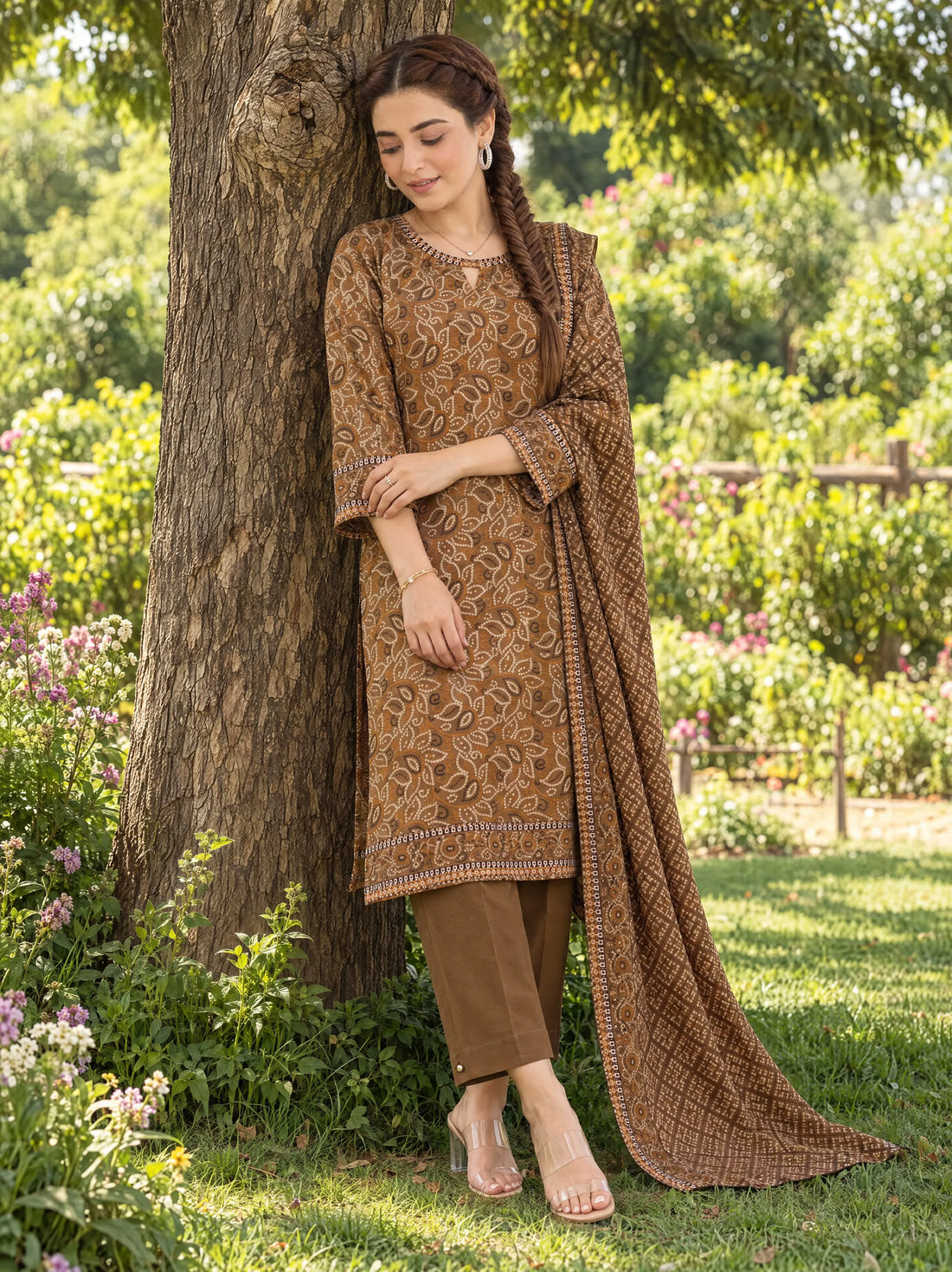 Kehkashan Chestnut, Printed Khaddar 3 Piece