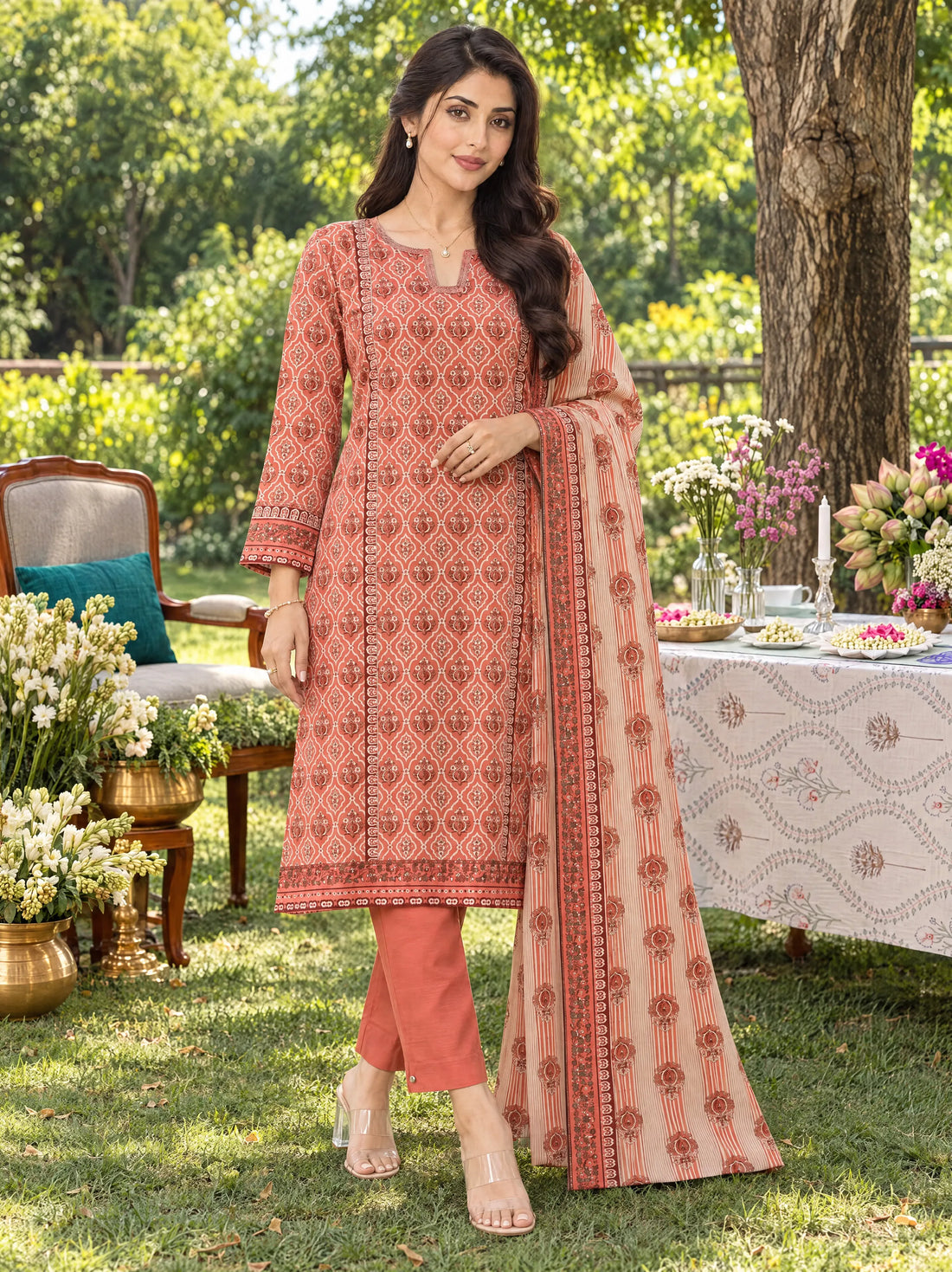 Gul-e-Rana Coral, Printed Khaddar 3 Piece