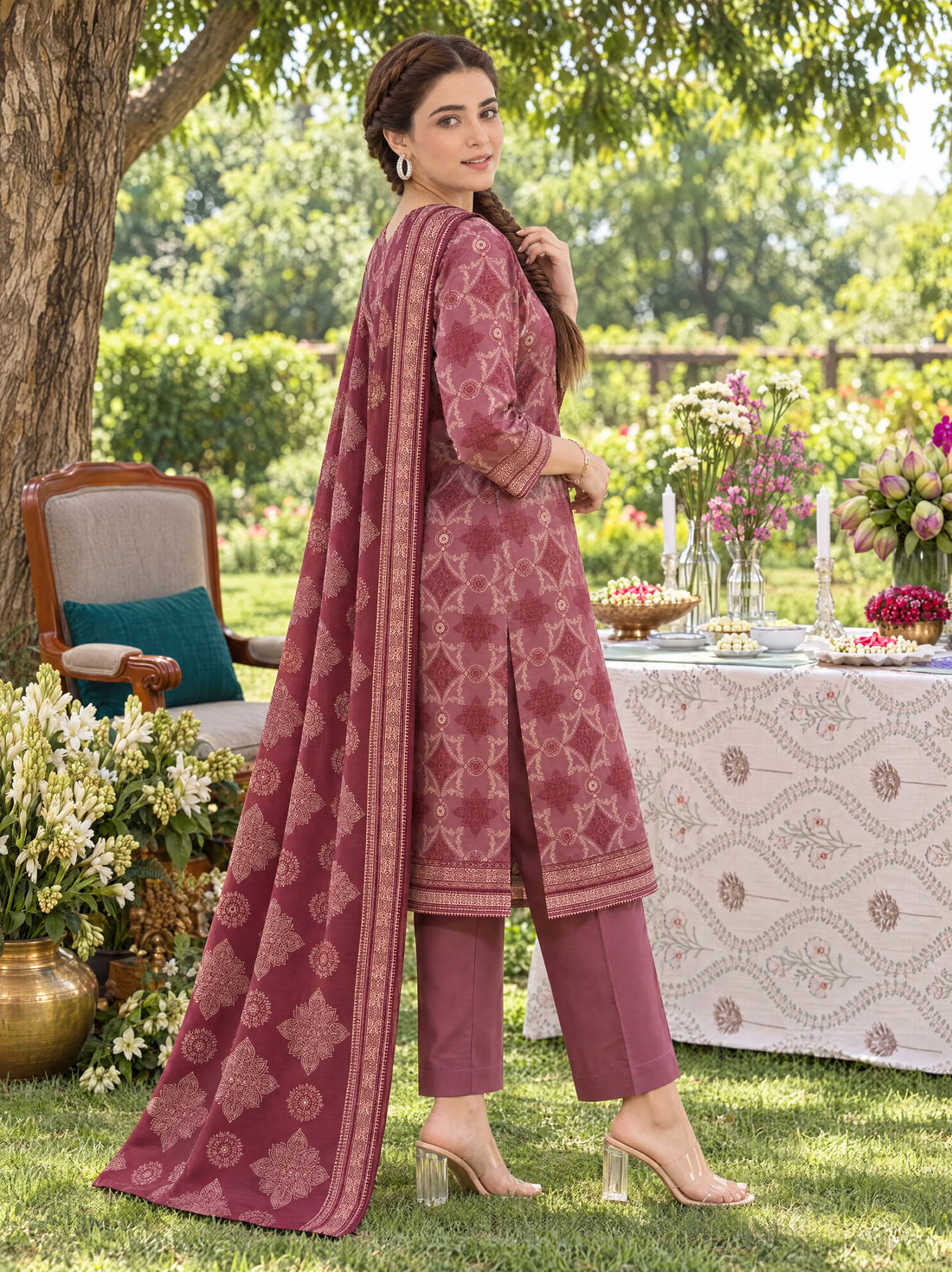 Guldasta Rosewood, Printed Khaddar 3 Piece