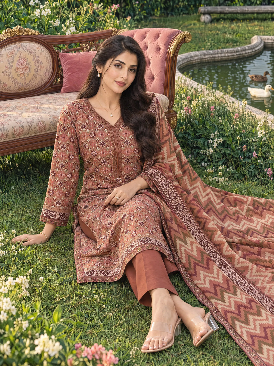 Gulnaar Terracotta, Printed Khaddar 3 Piece