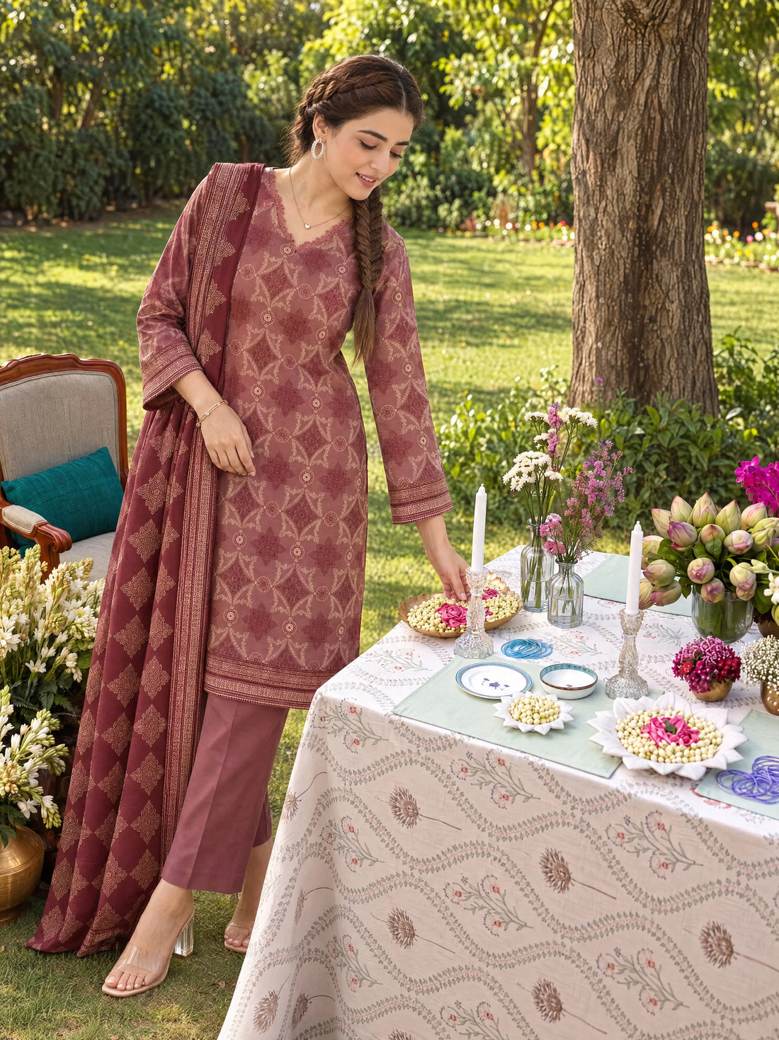 Guldasta Rosewood, Printed Khaddar 3 Piece
