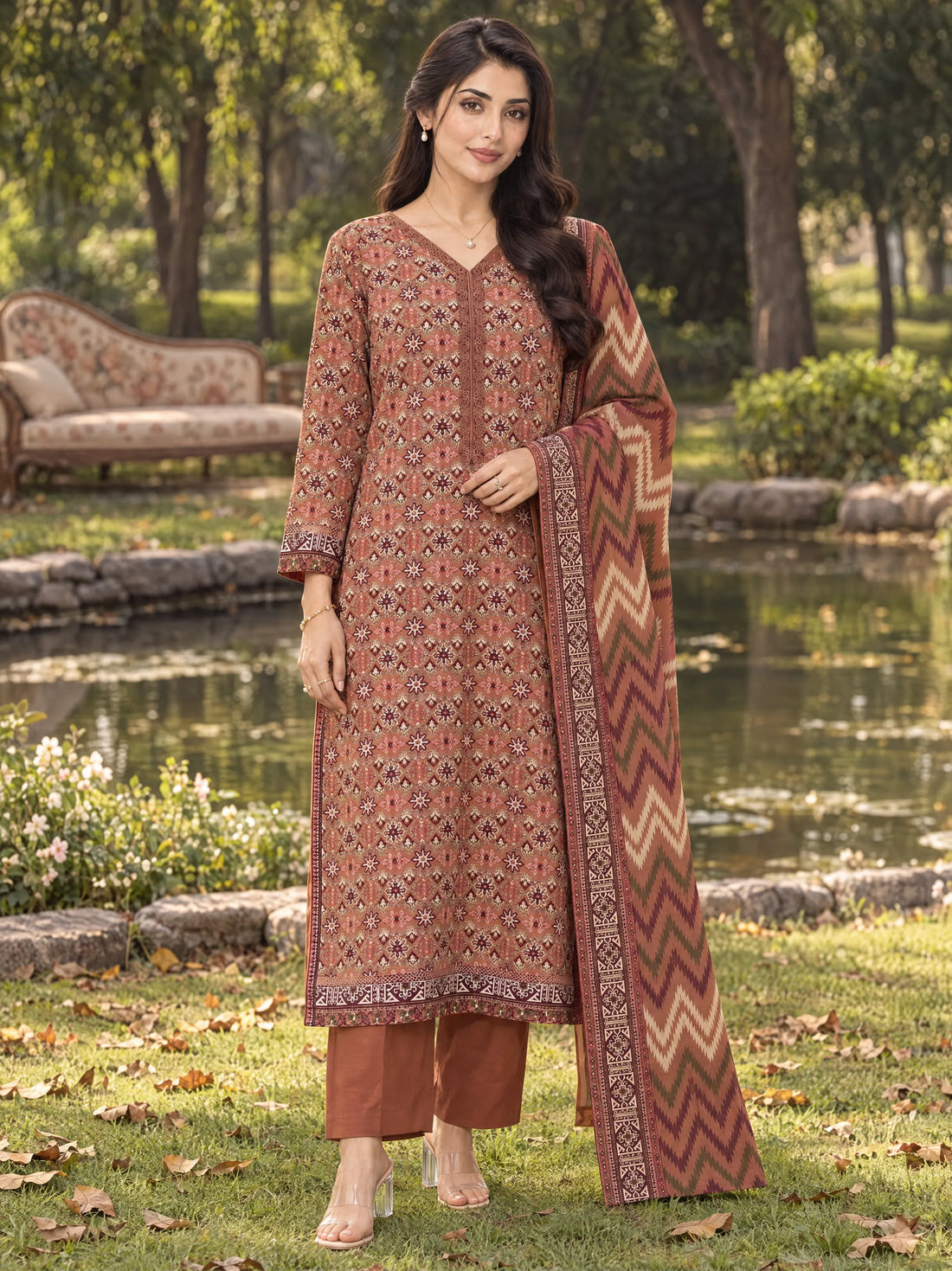 Gulnaar Terracotta, Printed Khaddar 3 Piece