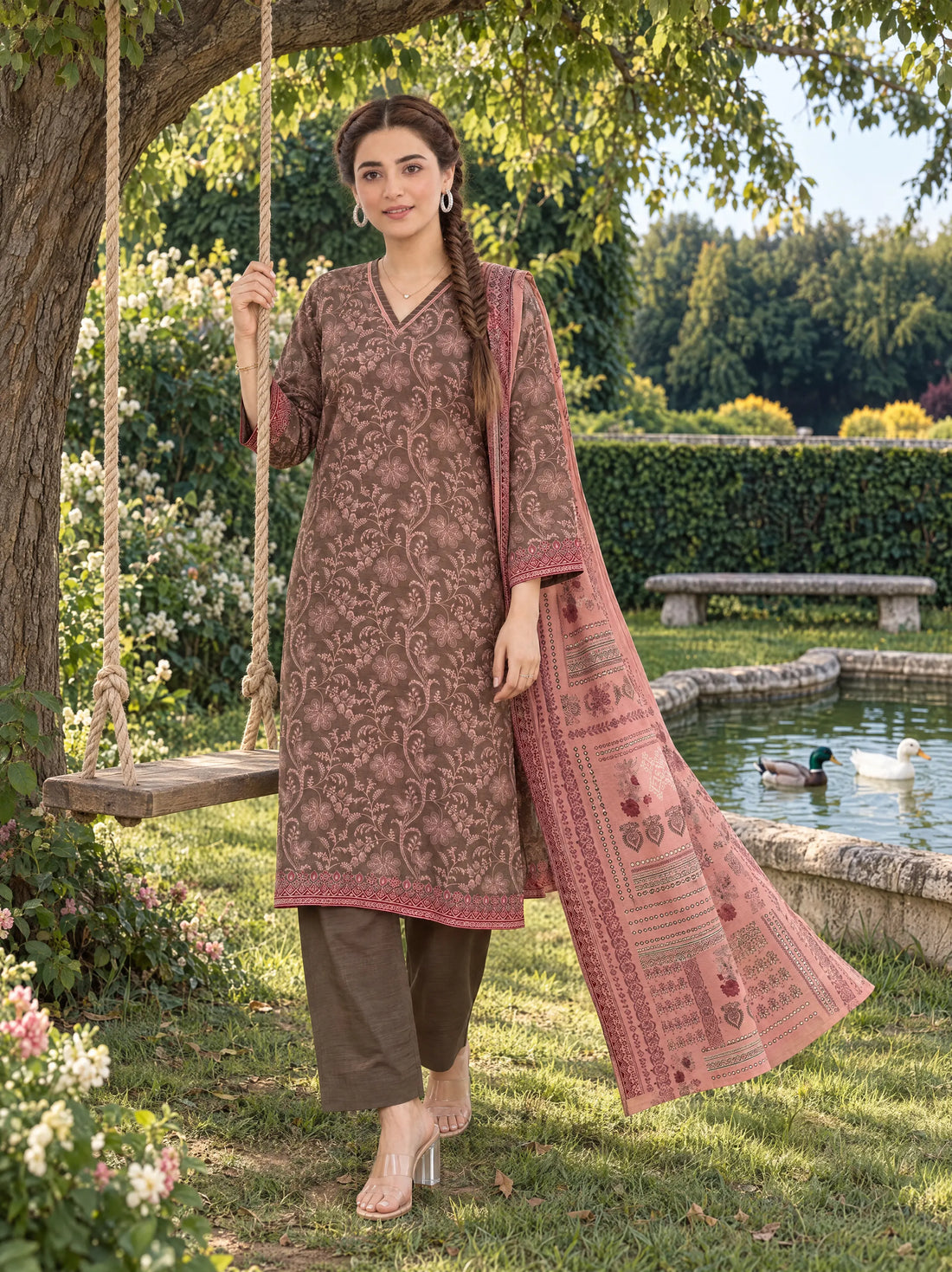 Mahtab Mauve, Printed Khaddar 3 Piece
