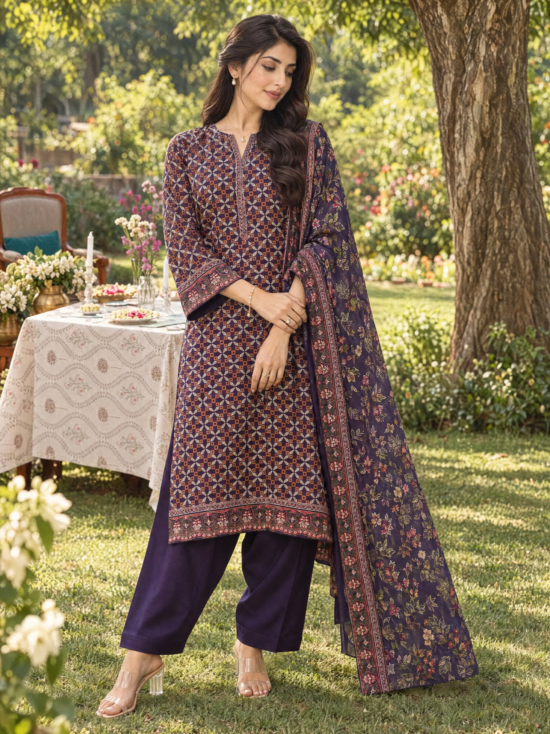 Nairang Plum, Printed Khaddar 3 Piece