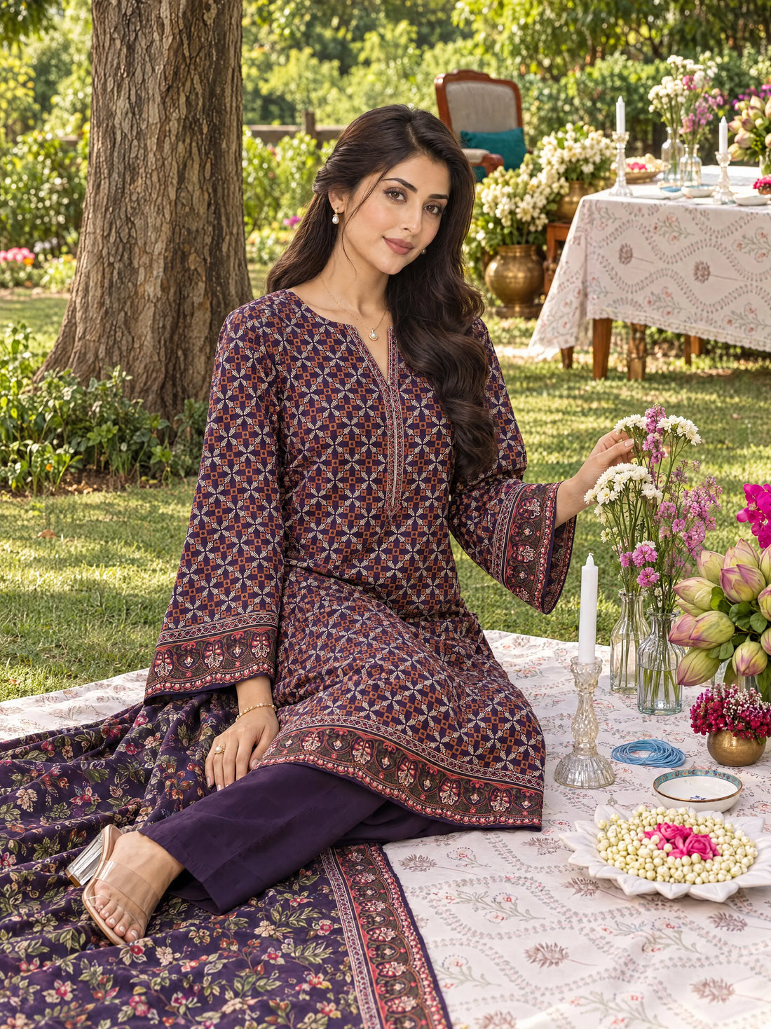 Nairang Plum, Printed Khaddar 3 Piece