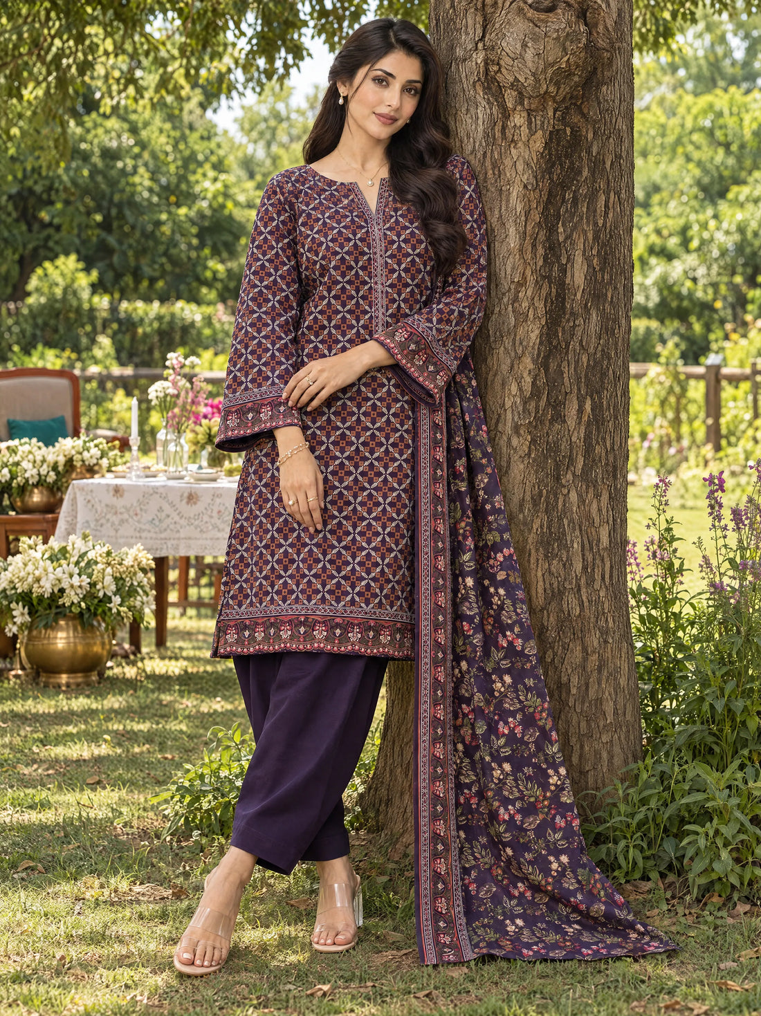 Nairang Plum, Printed Khaddar 3 Piece