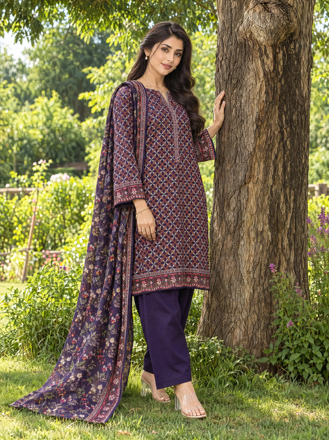 Nairang Plum, Printed Khaddar 3 Piece