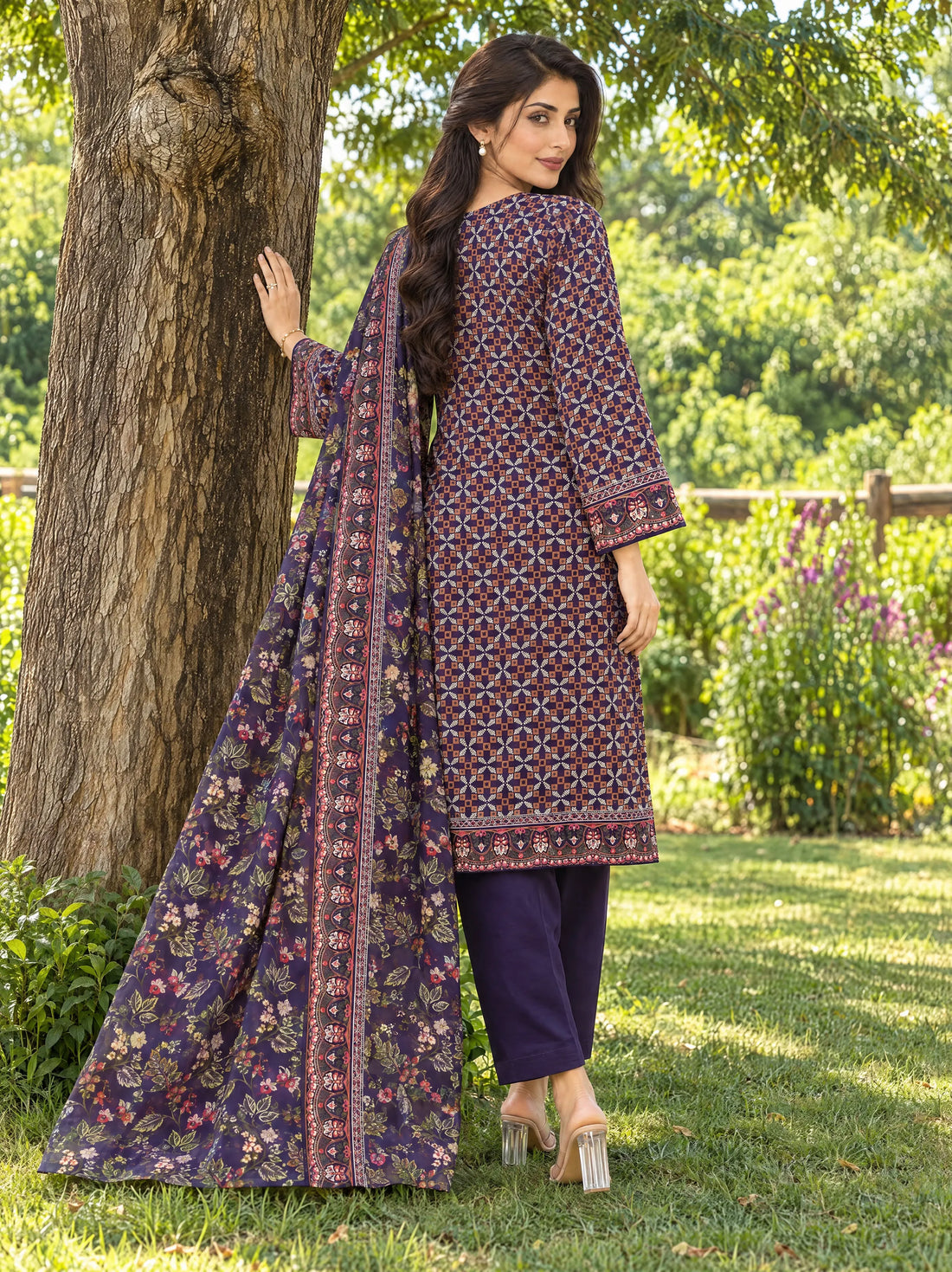 Nairang Plum, Printed Khaddar 3 Piece