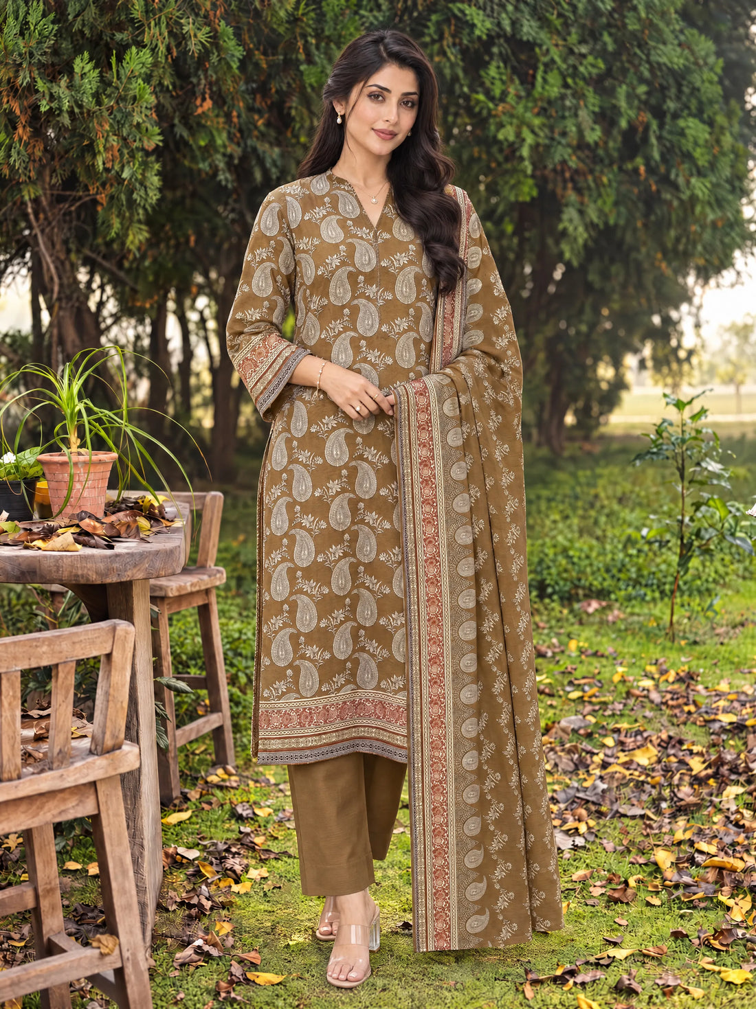Sahar Olive, Printed Khaddar 3 Piece
