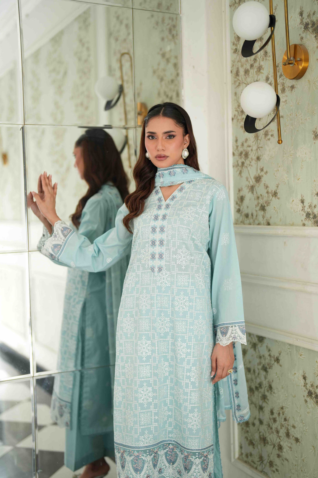 Jugnu Sky Blue, Embroidered Lawn 3 Piece
