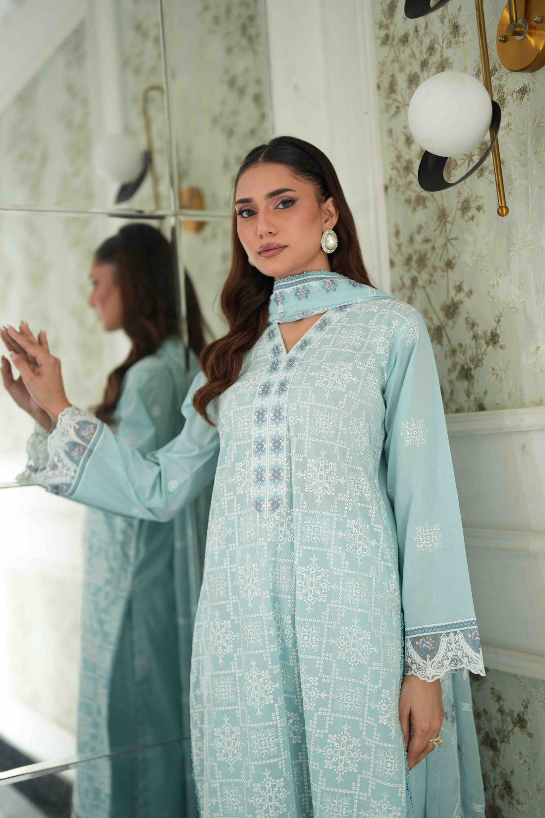 Jugnu Sky Blue, Embroidered Lawn 3 Piece