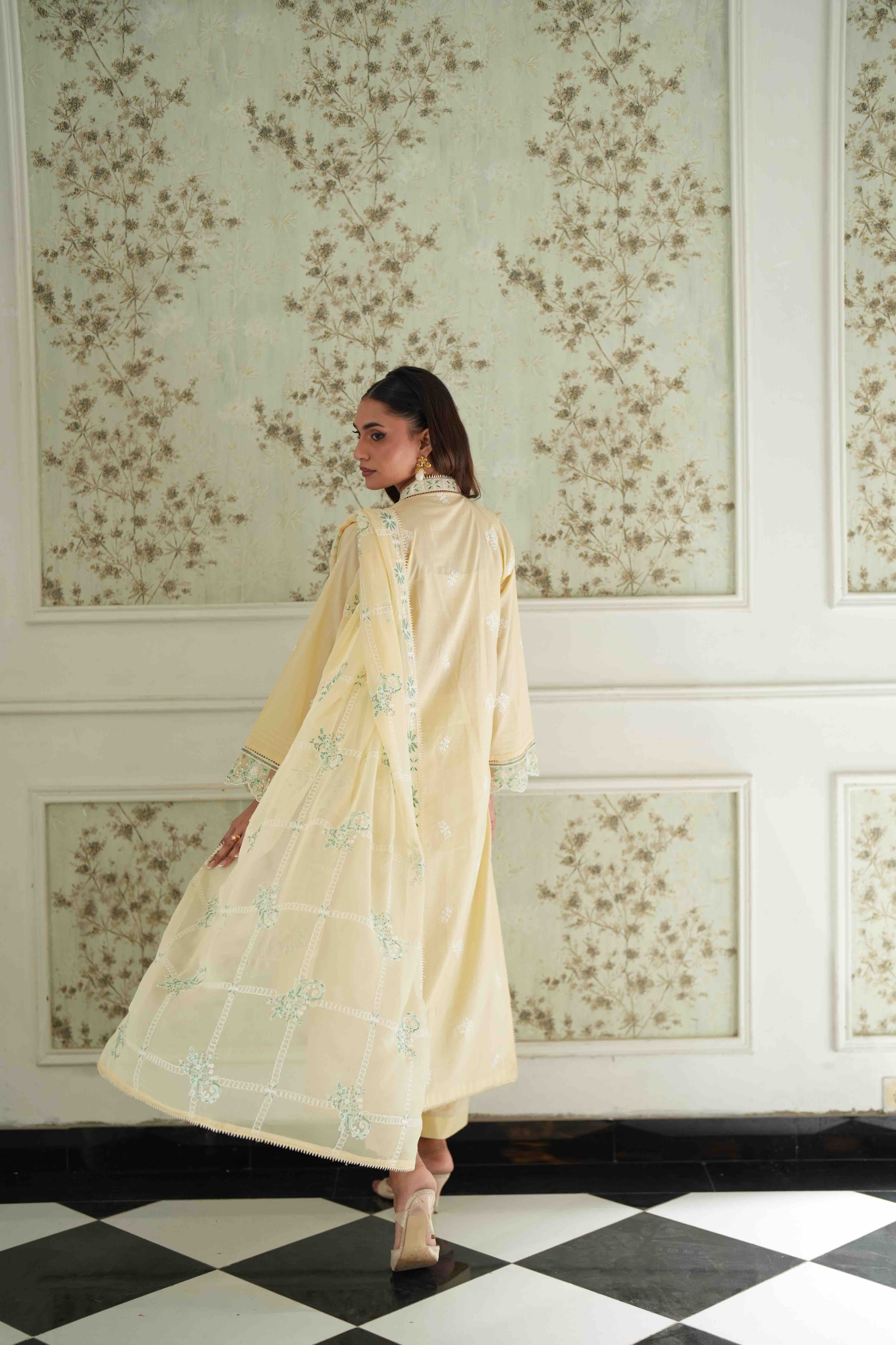Jugnu Butter Yellow, Embroidered Lawn 3 Piece