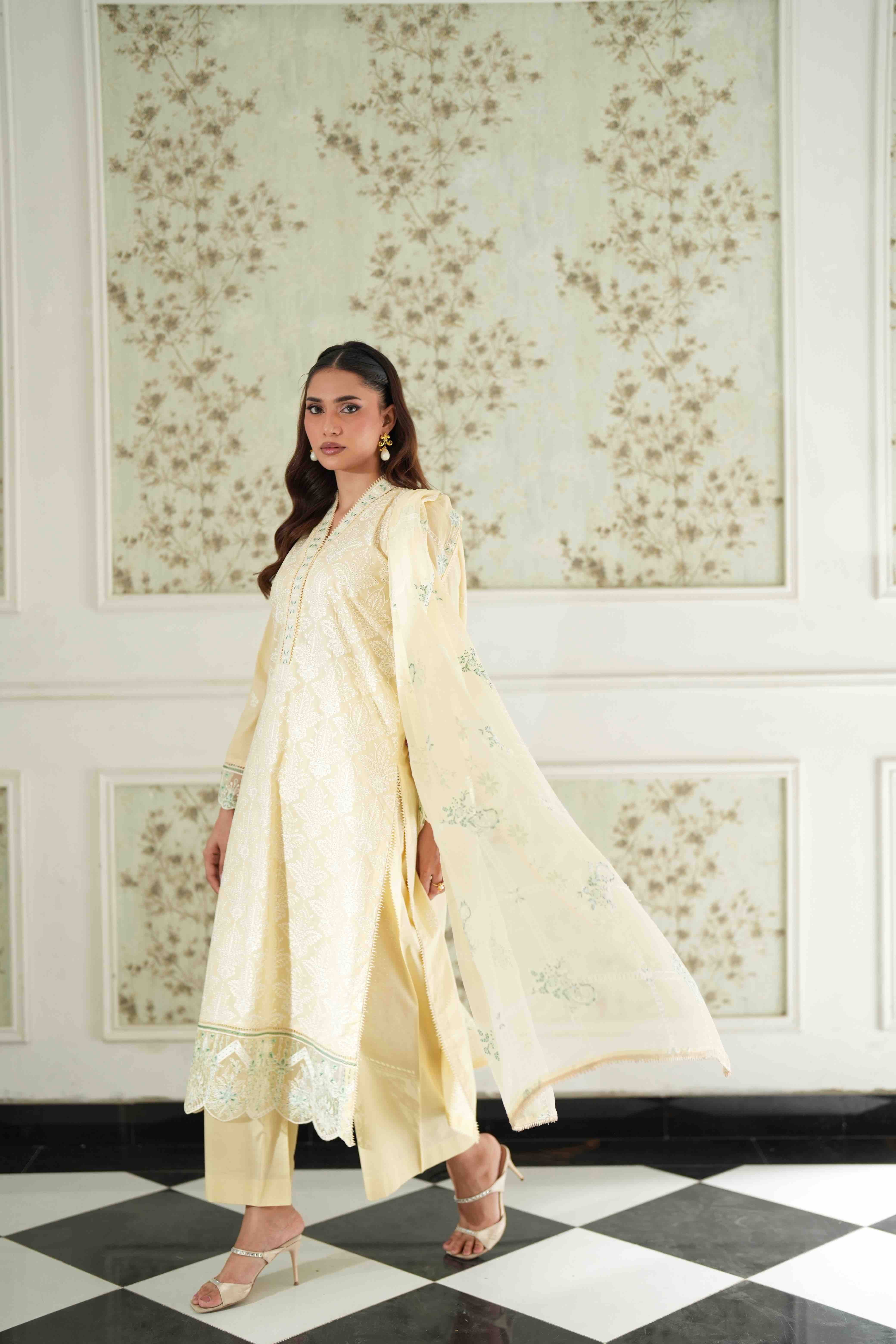 Jugnu Butter Yellow, Embroidered Lawn 3 Piece