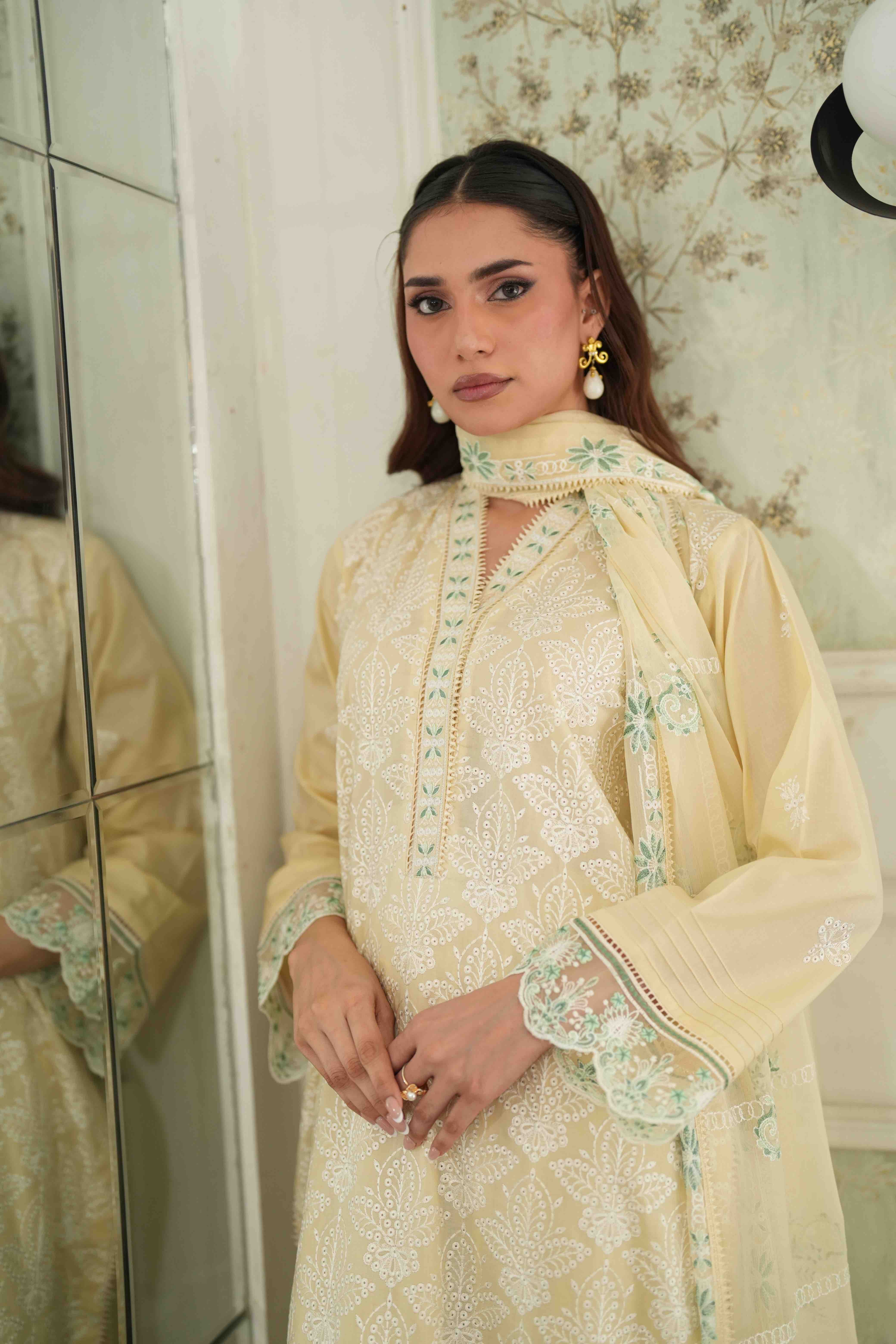 Jugnu Butter Yellow, Embroidered Lawn 3 Piece