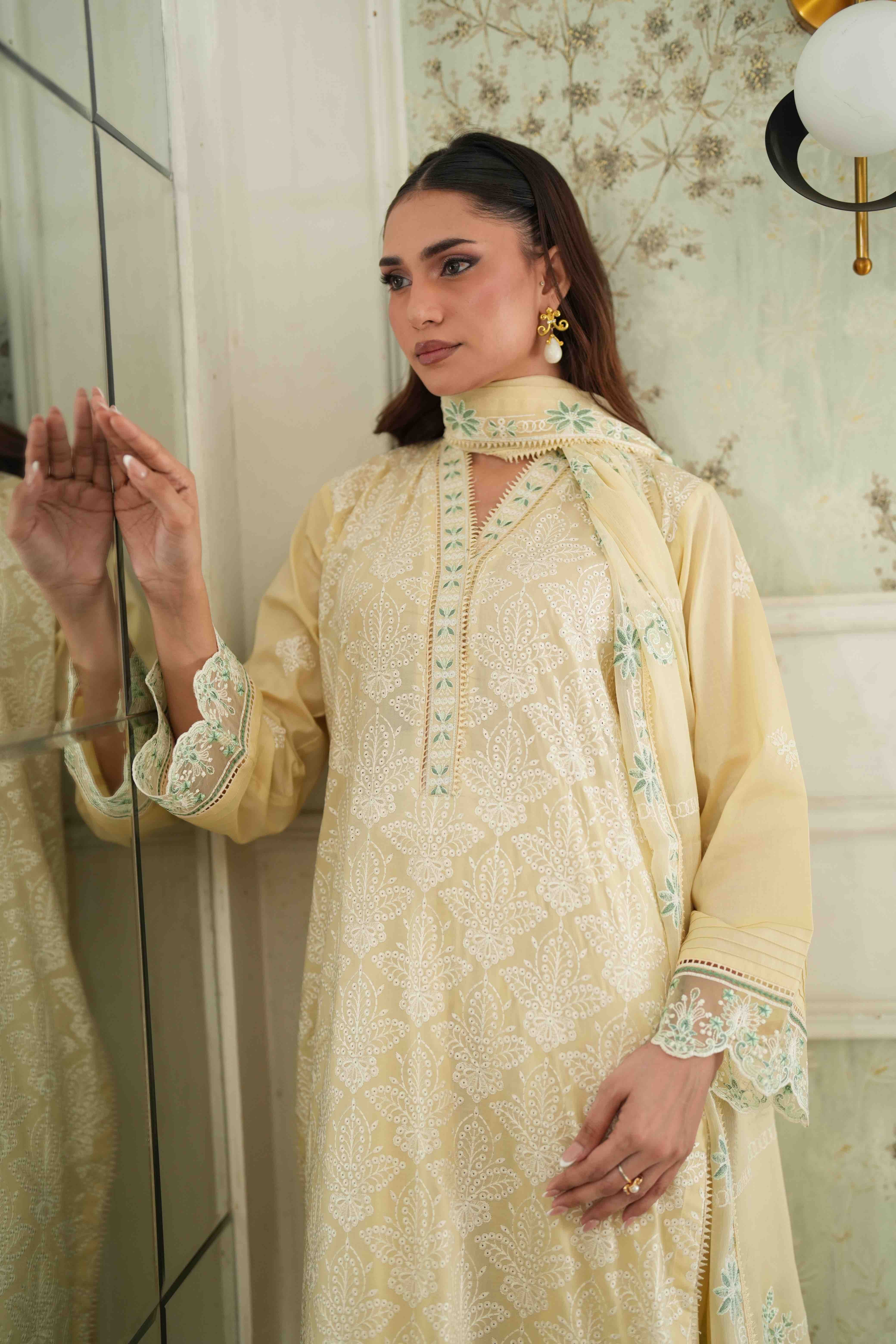 Jugnu Butter Yellow, Embroidered Lawn 3 Piece