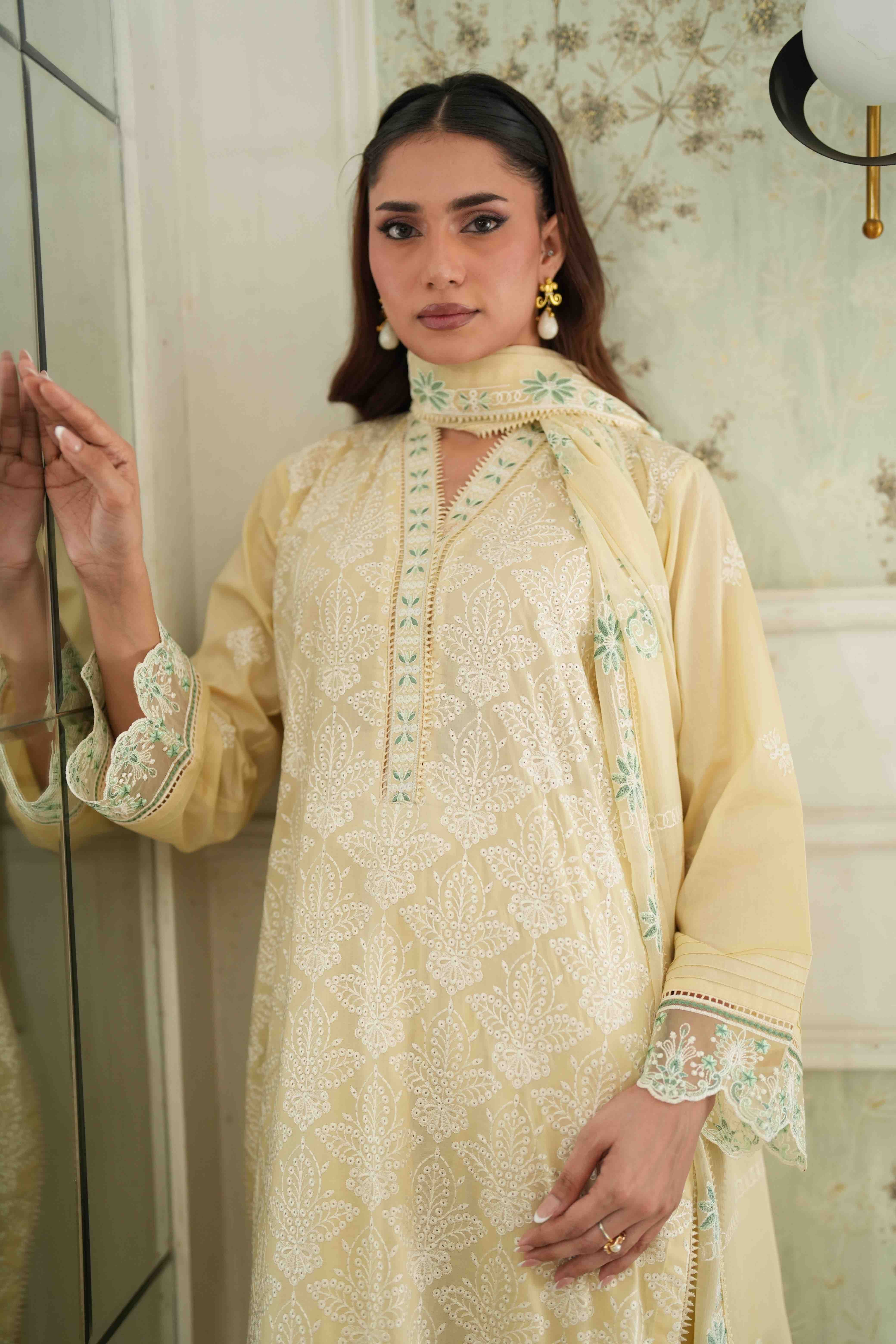 Jugnu Butter Yellow, Embroidered Lawn 3 Piece
