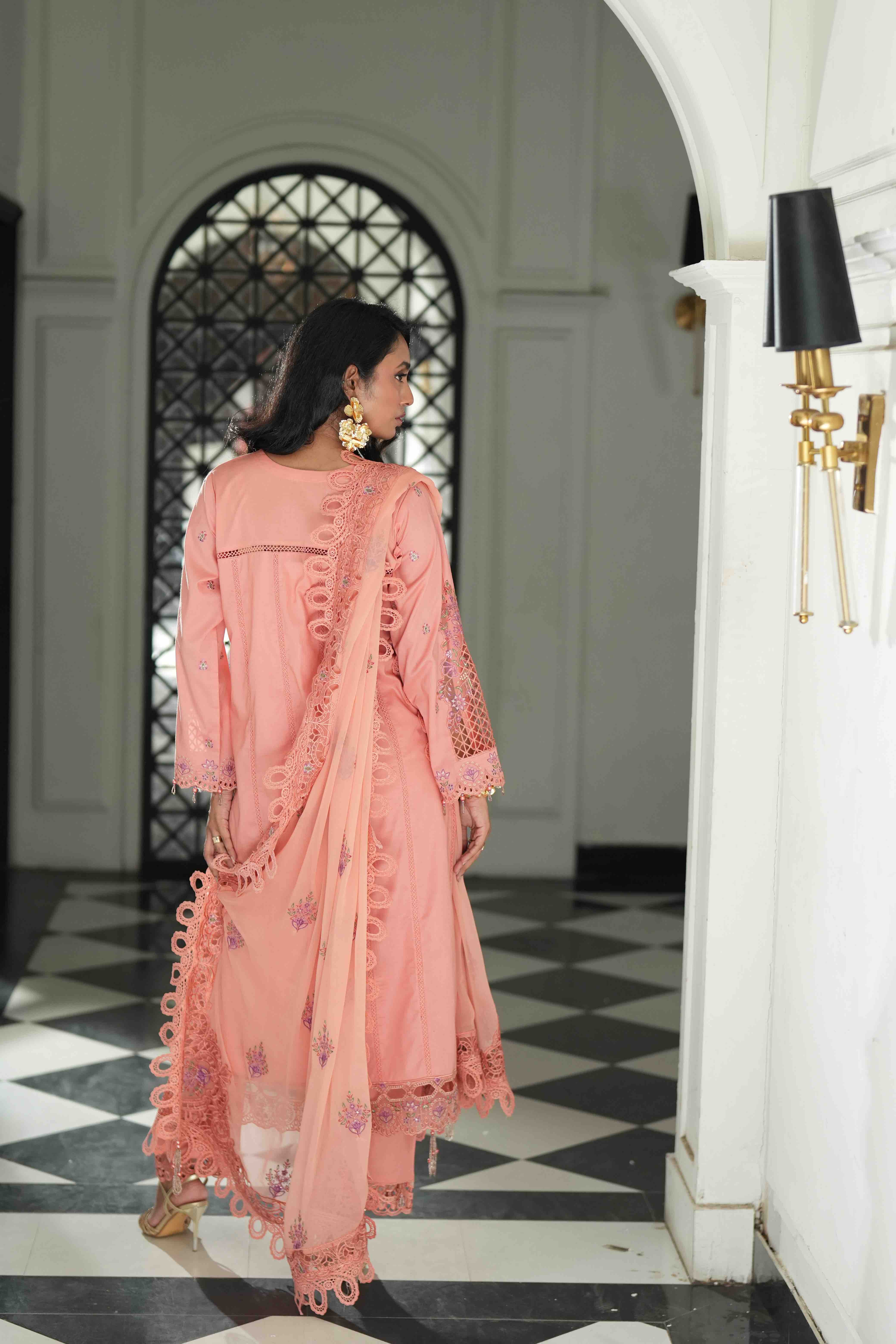 Lamhay Coral, Embroidered Lawn 3 Piece