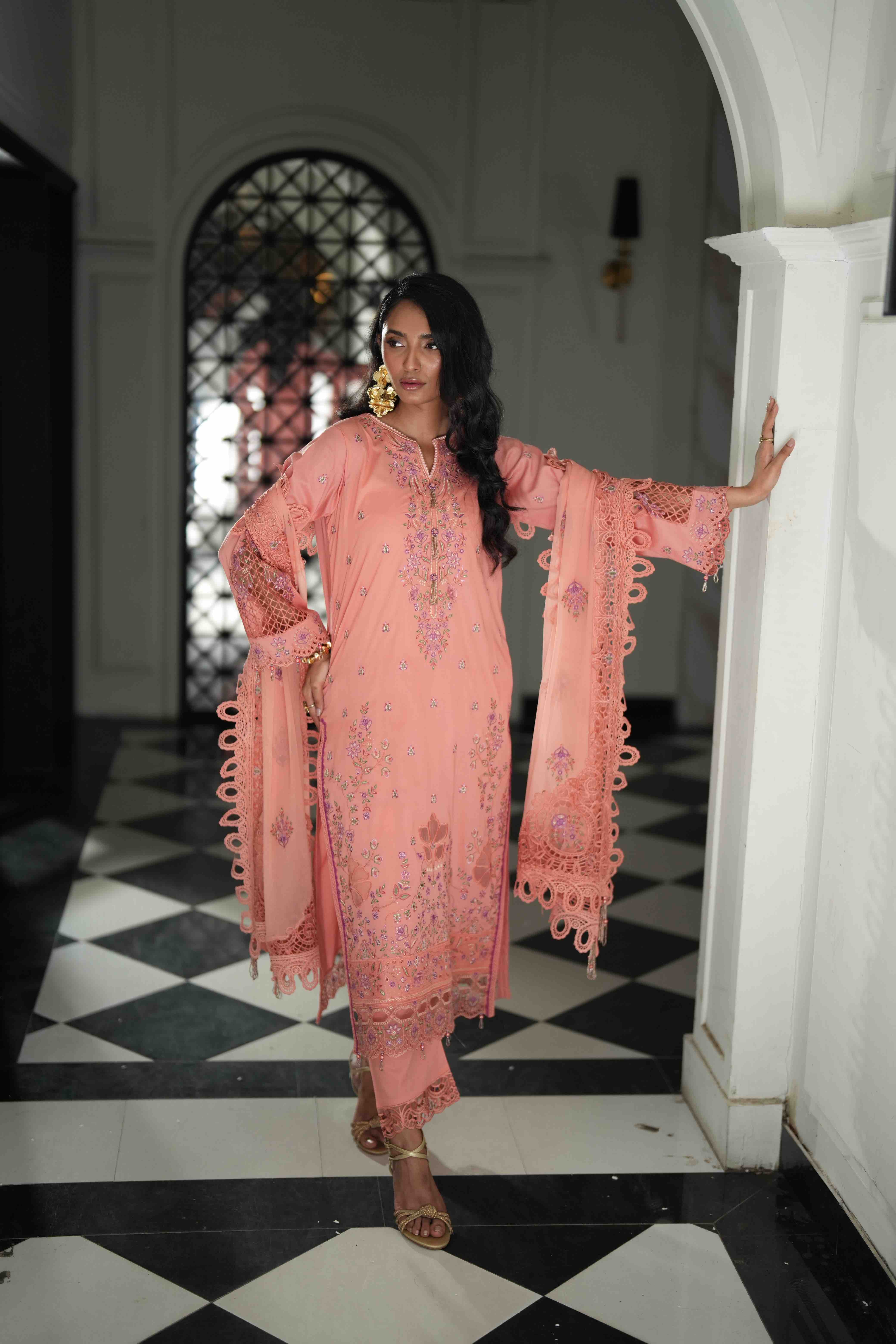 Lamhay Coral, Embroidered Lawn 3 Piece