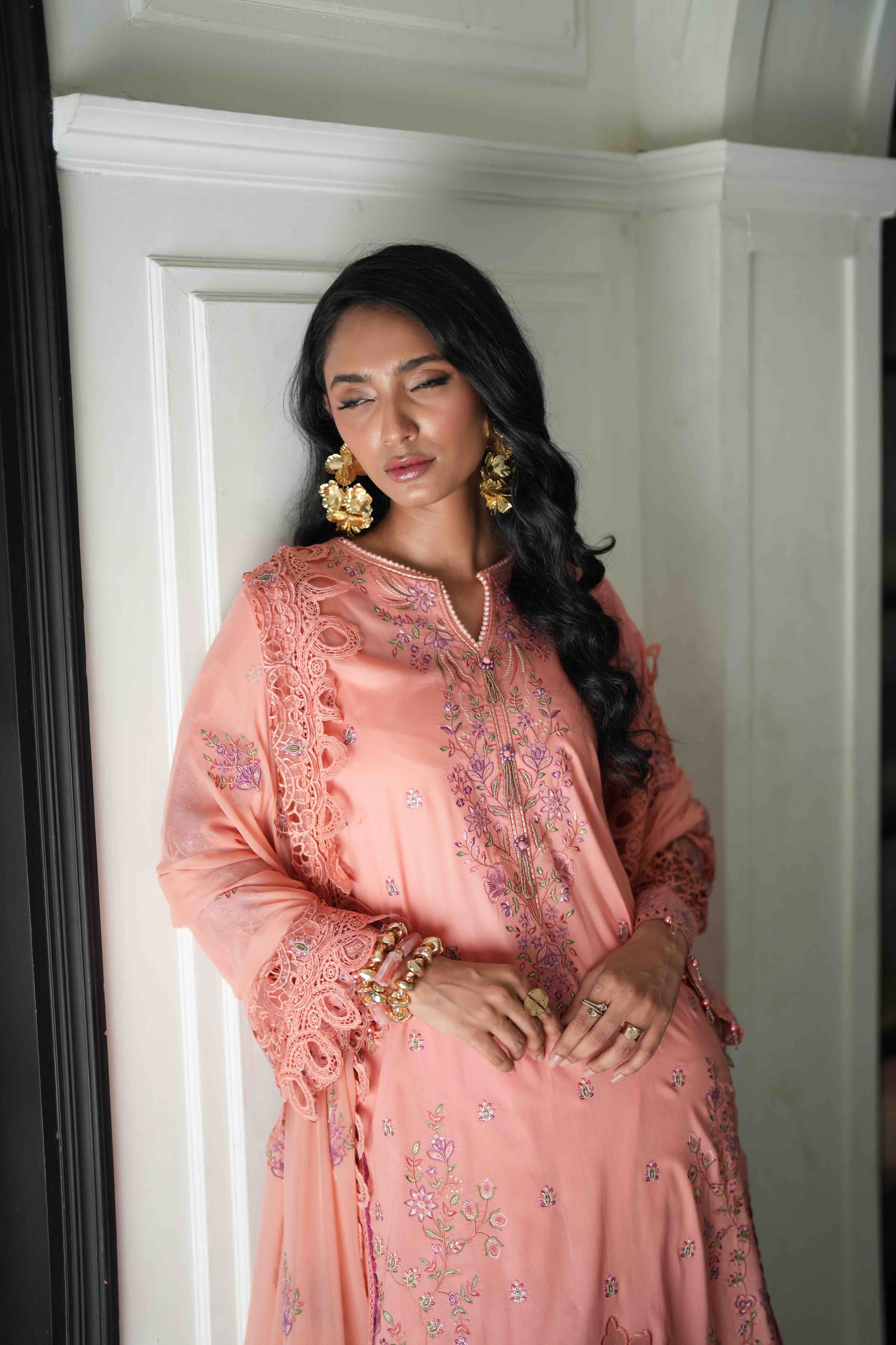 Lamhay Coral, Embroidered Lawn 3 Piece
