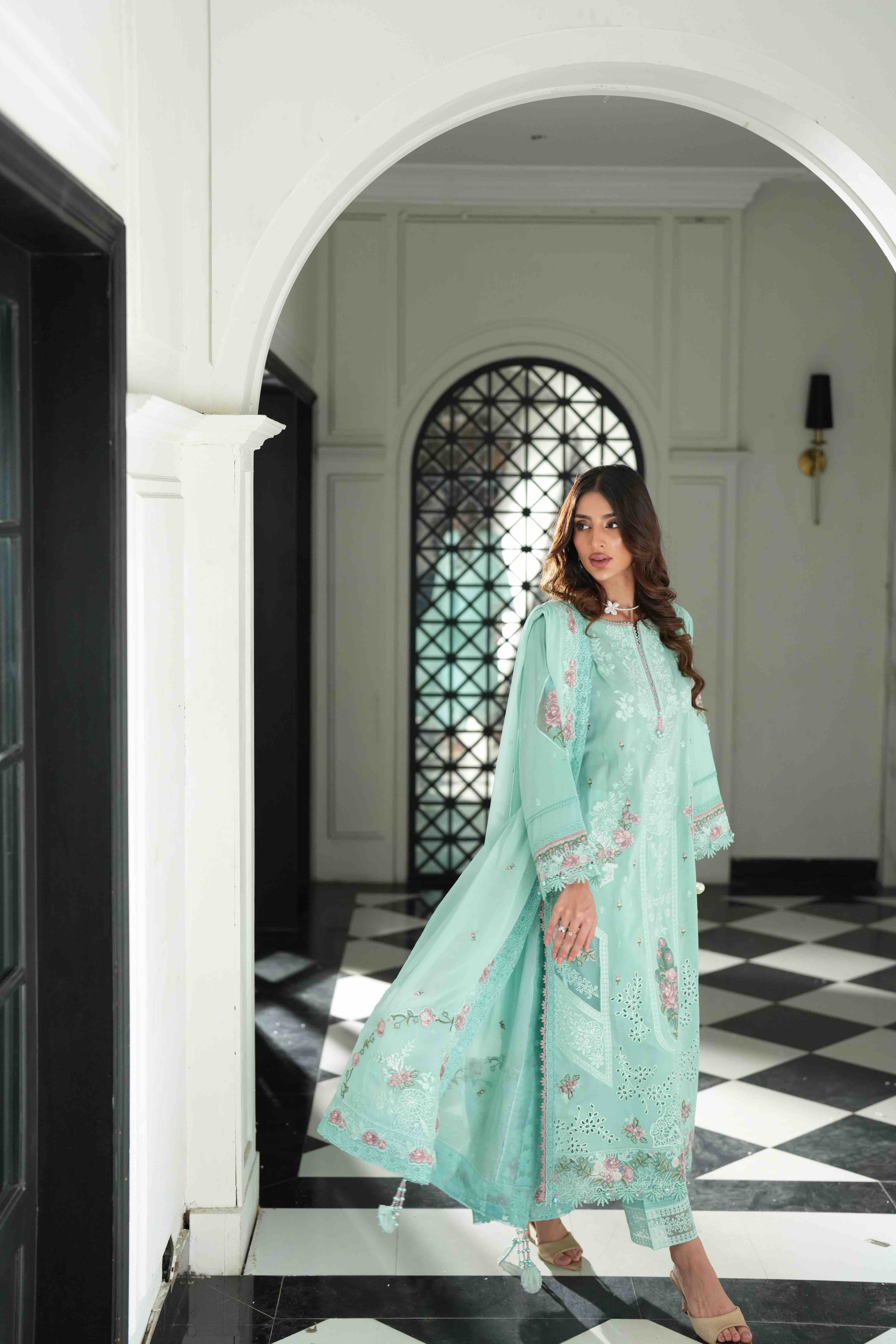 Lamhay Sea Green, Embroidered Lawn 3 Piece