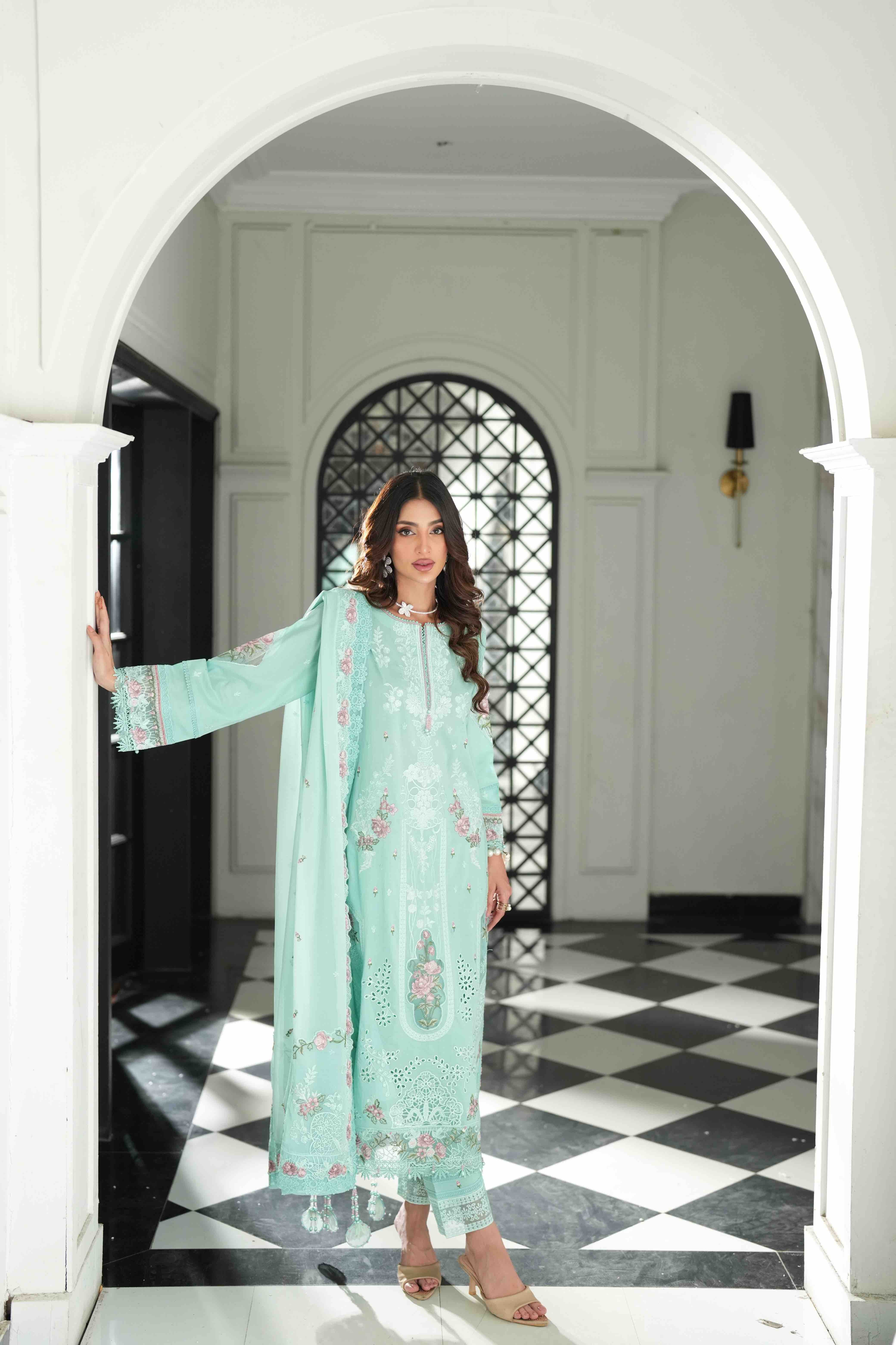 Lamhay Sea Green, Embroidered Lawn 3 Piece