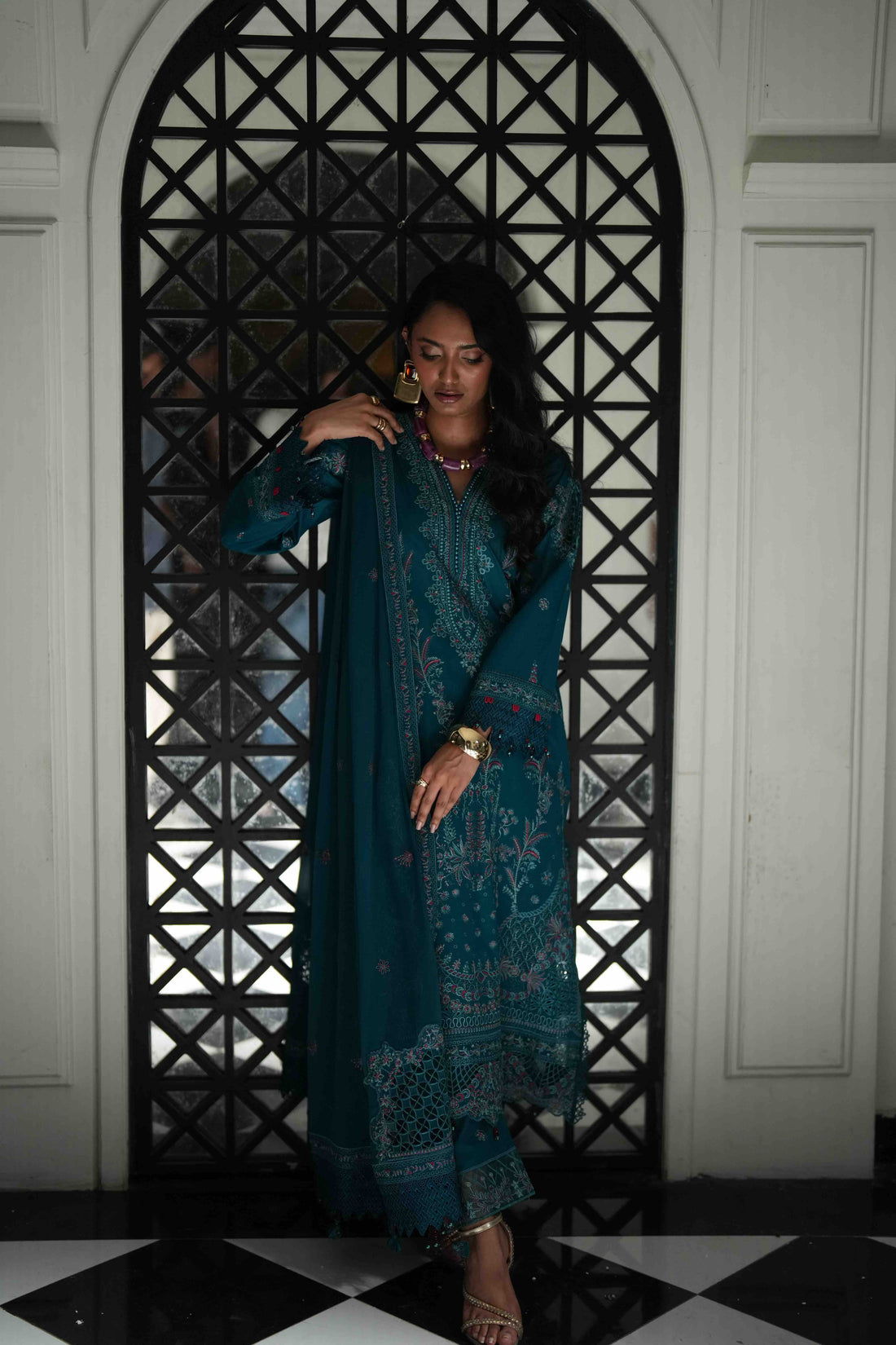 Lamhay Teal, Embroidered Lawn 3 Piece