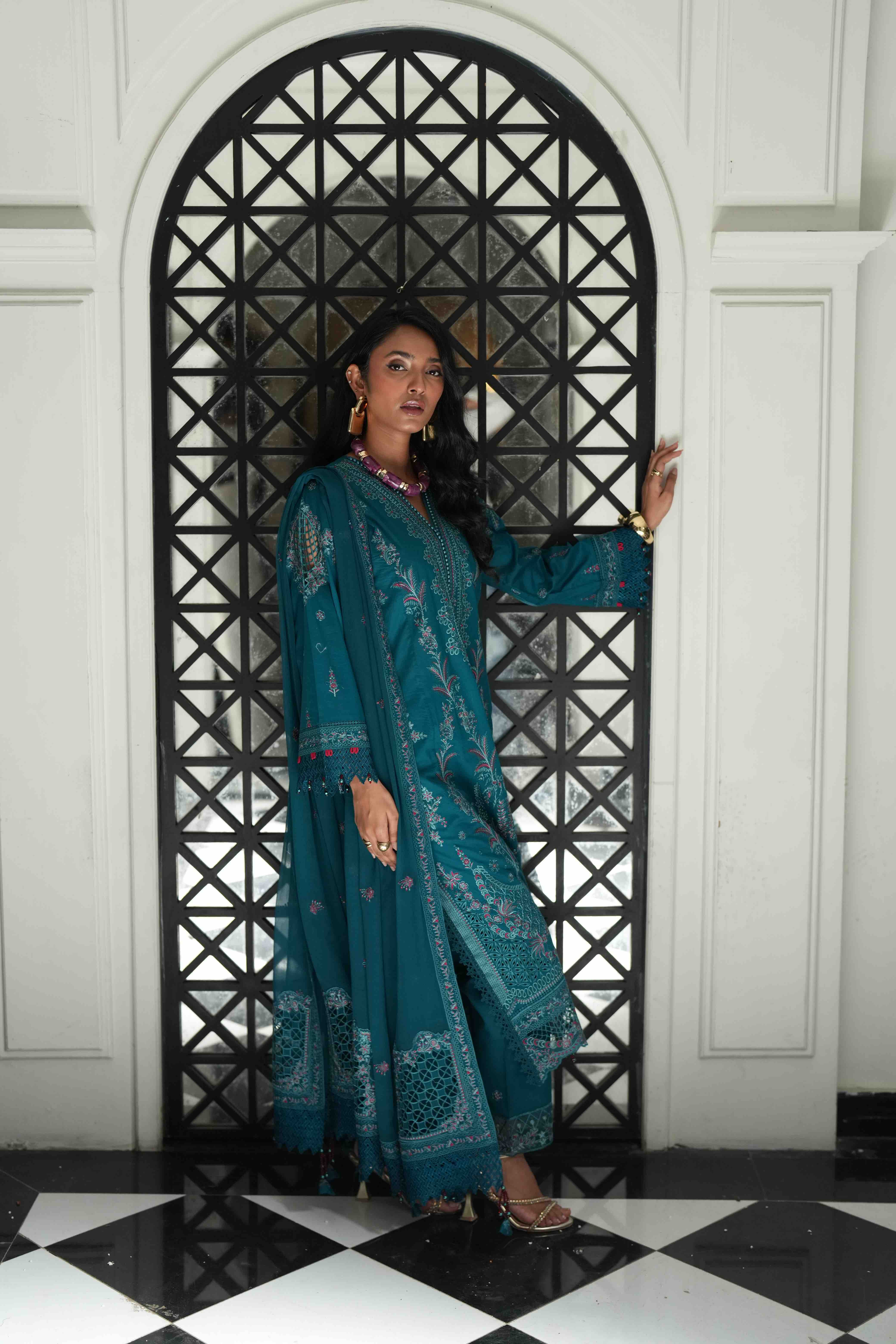 Lamhay Teal, Embroidered Lawn 3 Piece