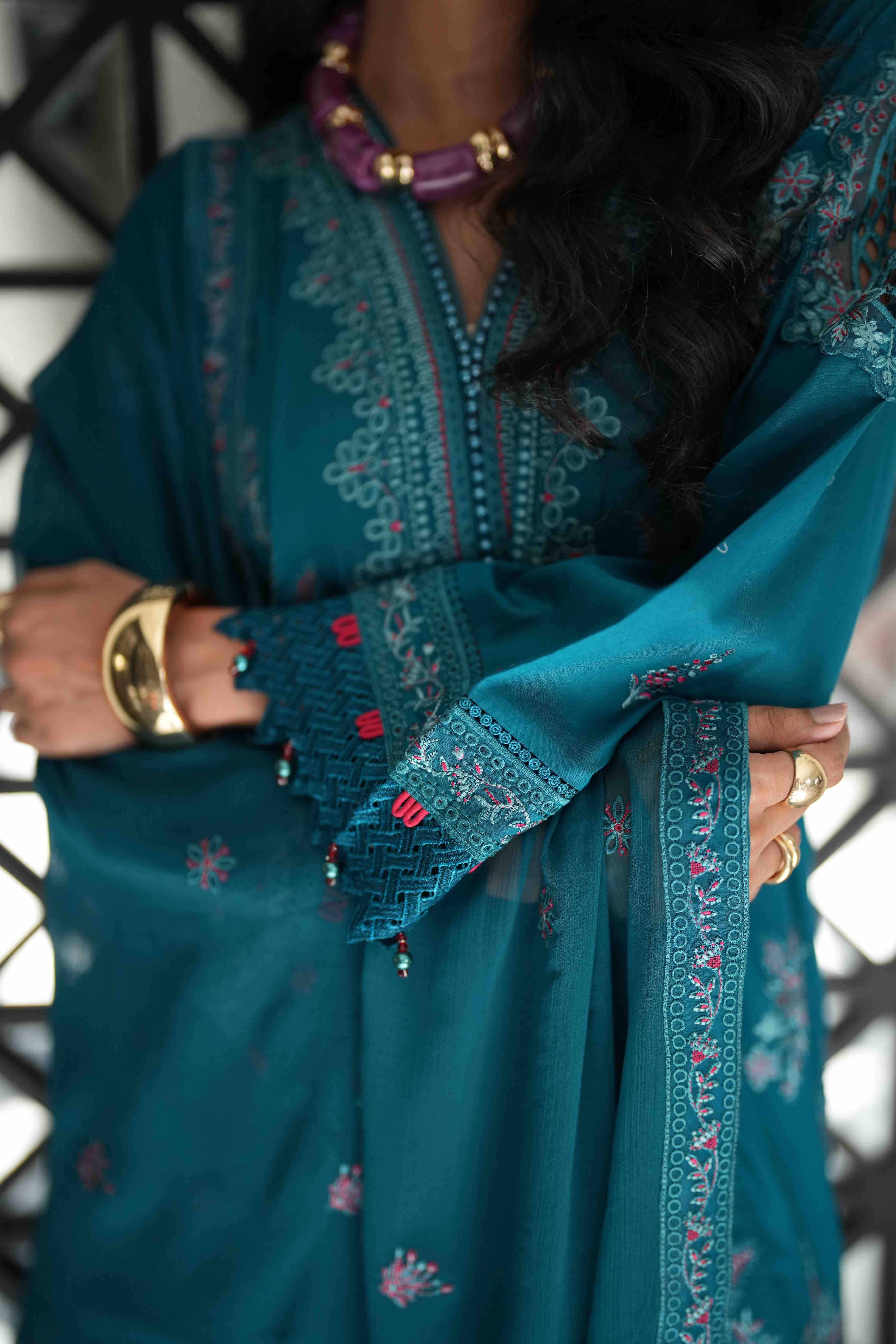Lamhay Teal, Embroidered Lawn 3 Piece