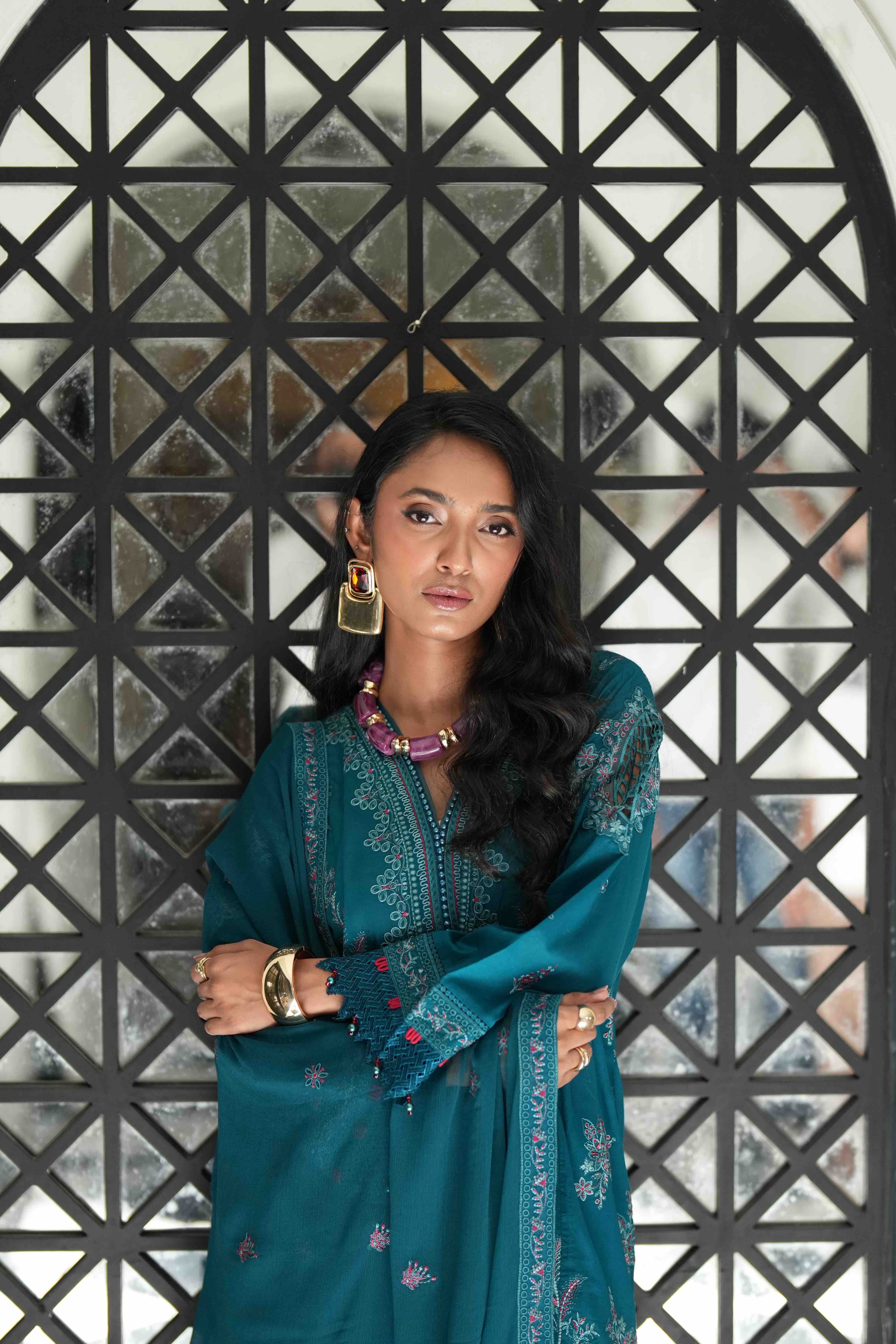 Lamhay Teal, Embroidered Lawn 3 Piece