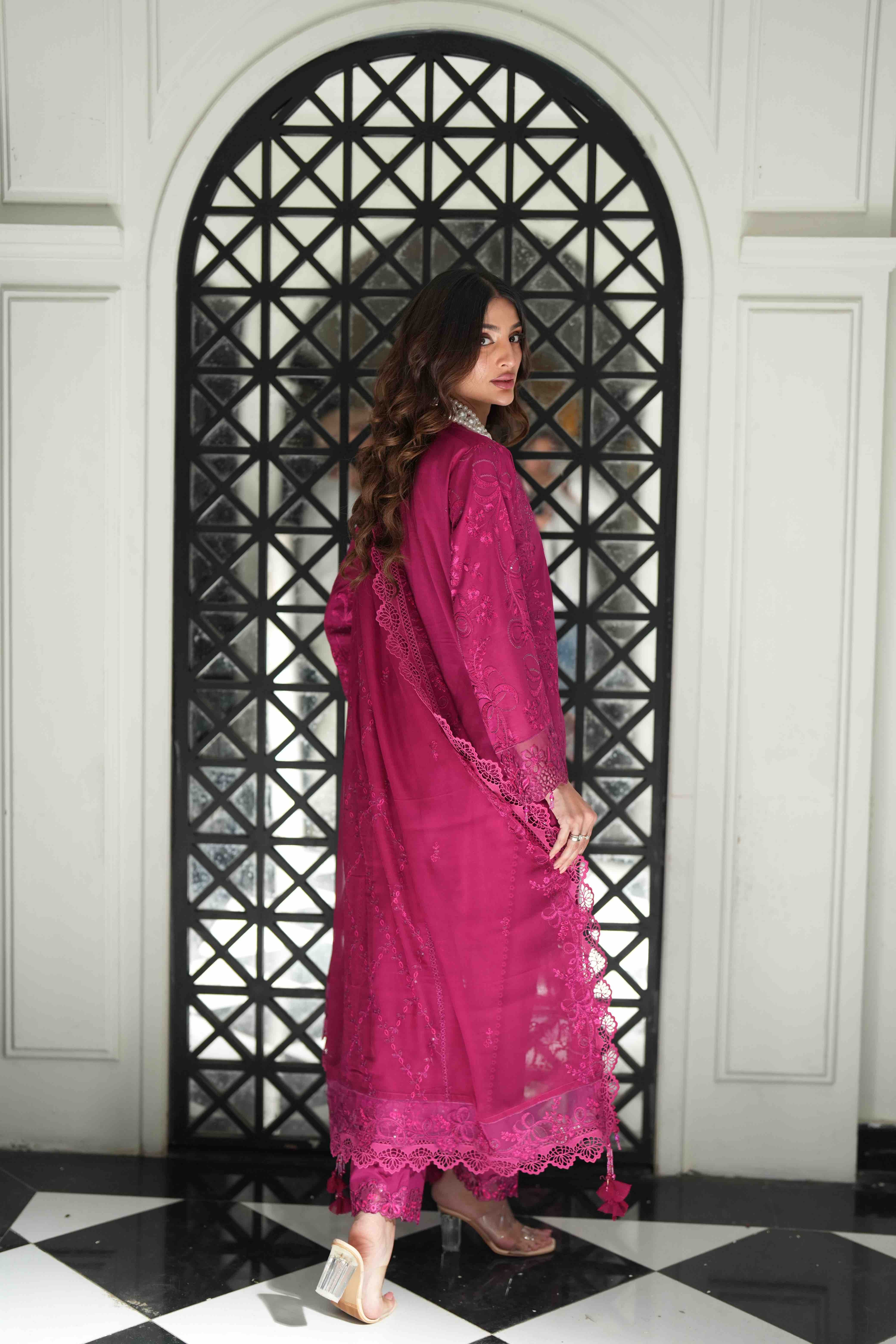 Lamhay Magenta, Embroidered Lawn 3 Piece