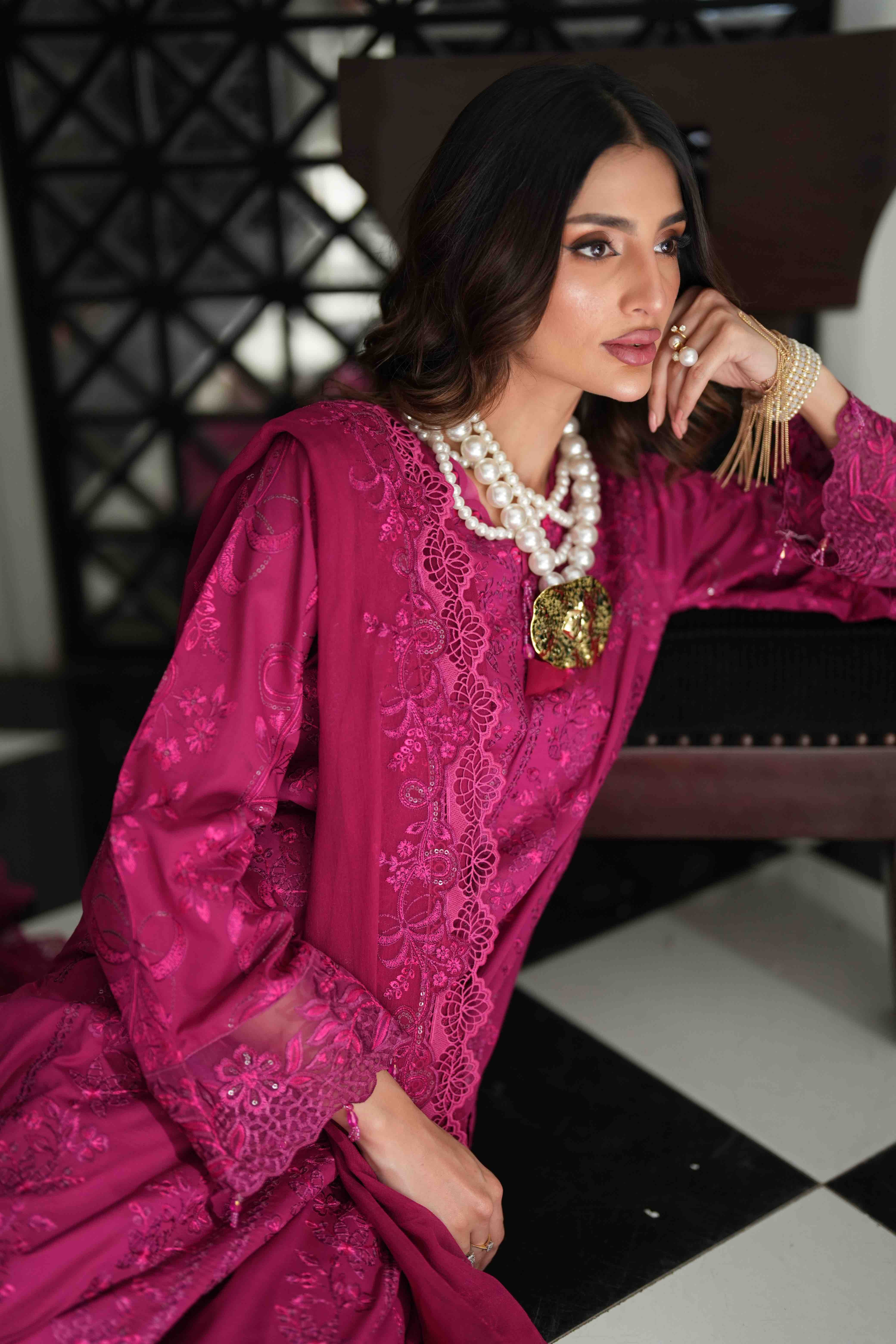 Lamhay Magenta, Embroidered Lawn 3 Piece