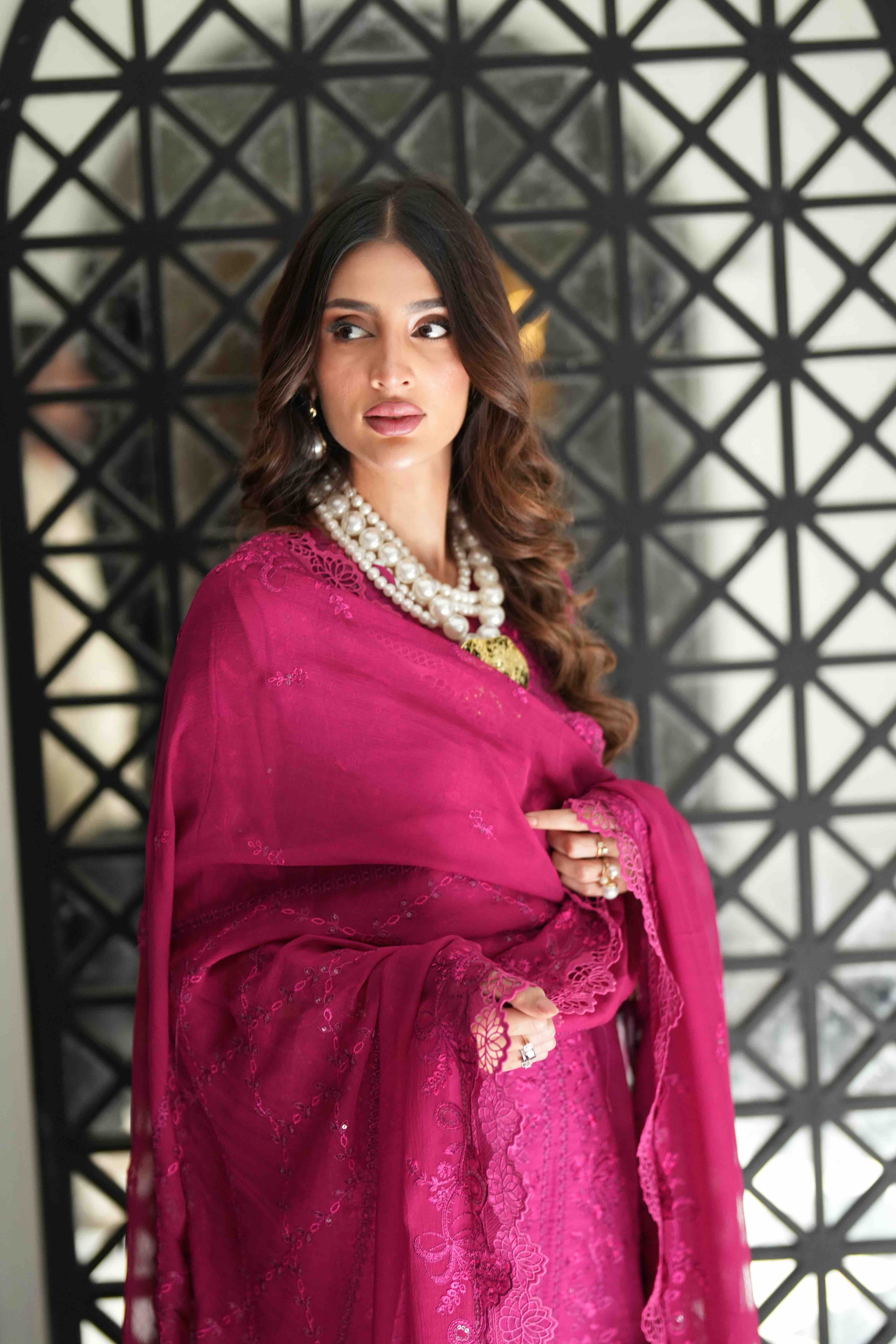 Lamhay Magenta, Embroidered Lawn 3 Piece